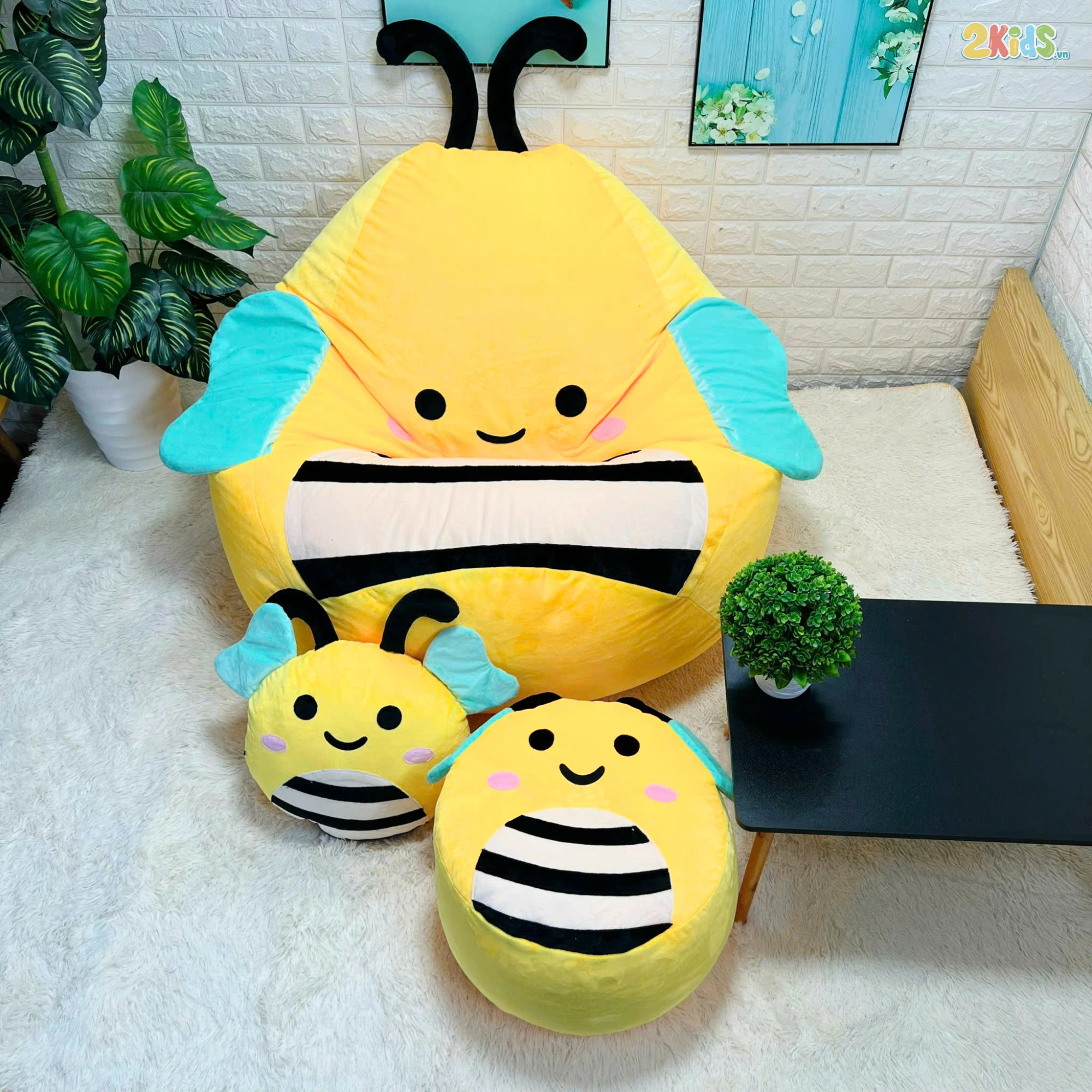 Ghế Lười Dáng Lê Vải Nhung Hàn Họa Tiết Ong Vàng