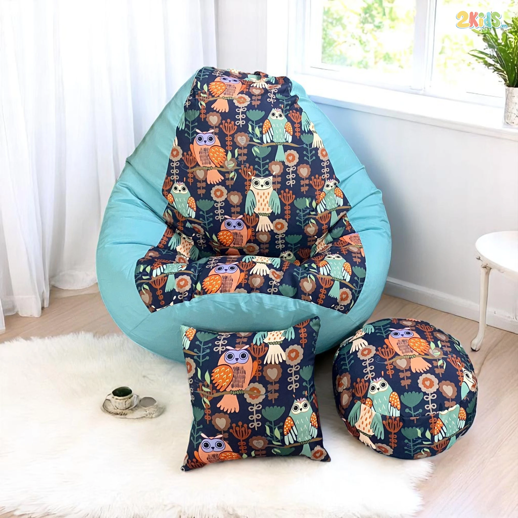 Ghế Lười Hạt Xốp Chống Thấm In Hình Cú Mèo