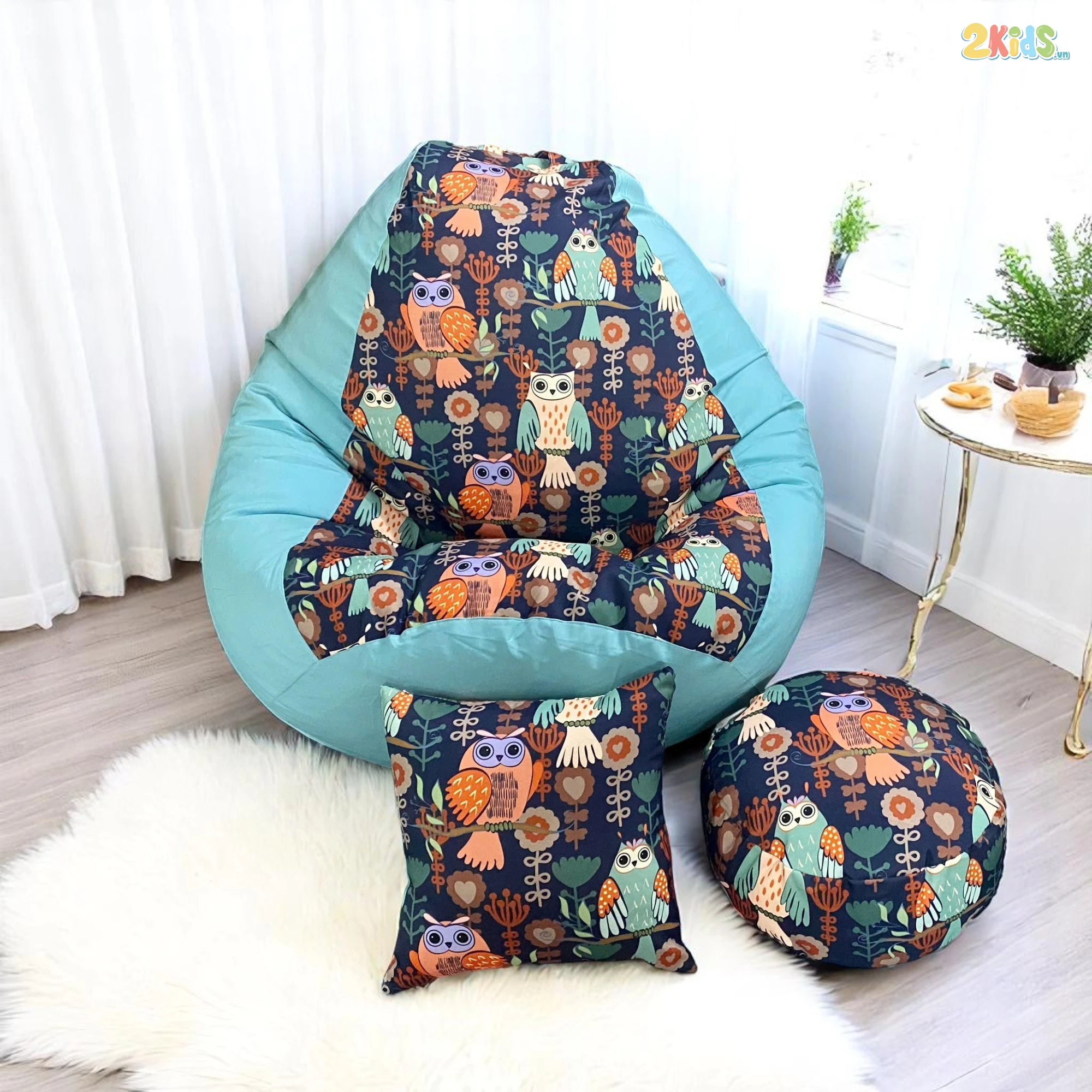 Ghế Lười Hạt Xốp Chống Thấm In Hình Cú Mèo