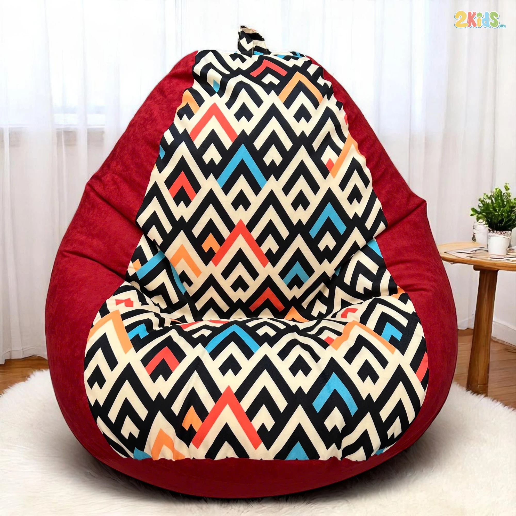 Ghế Lười Hạt Xốp Chống Thấm Màu Đỏ In Họa Tiết