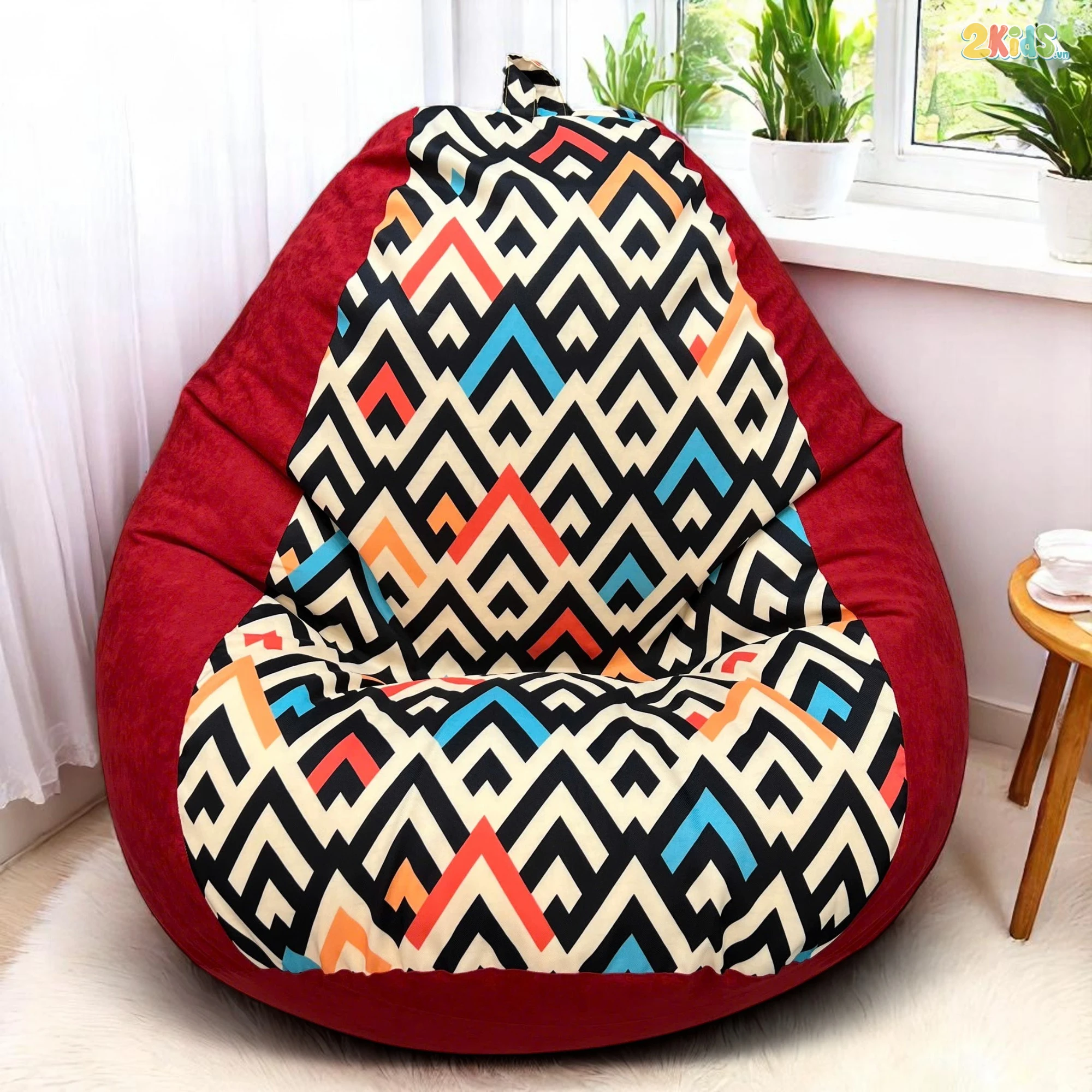 Ghế Lười Hạt Xốp Chống Thấm Màu Đỏ In Họa Tiết