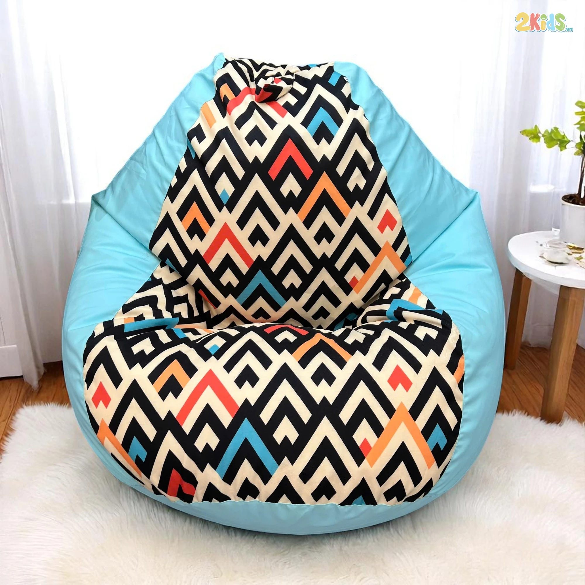 Ghế Lười Hạt Xốp Chống Thấm Màu Xanh In Họa Tiết