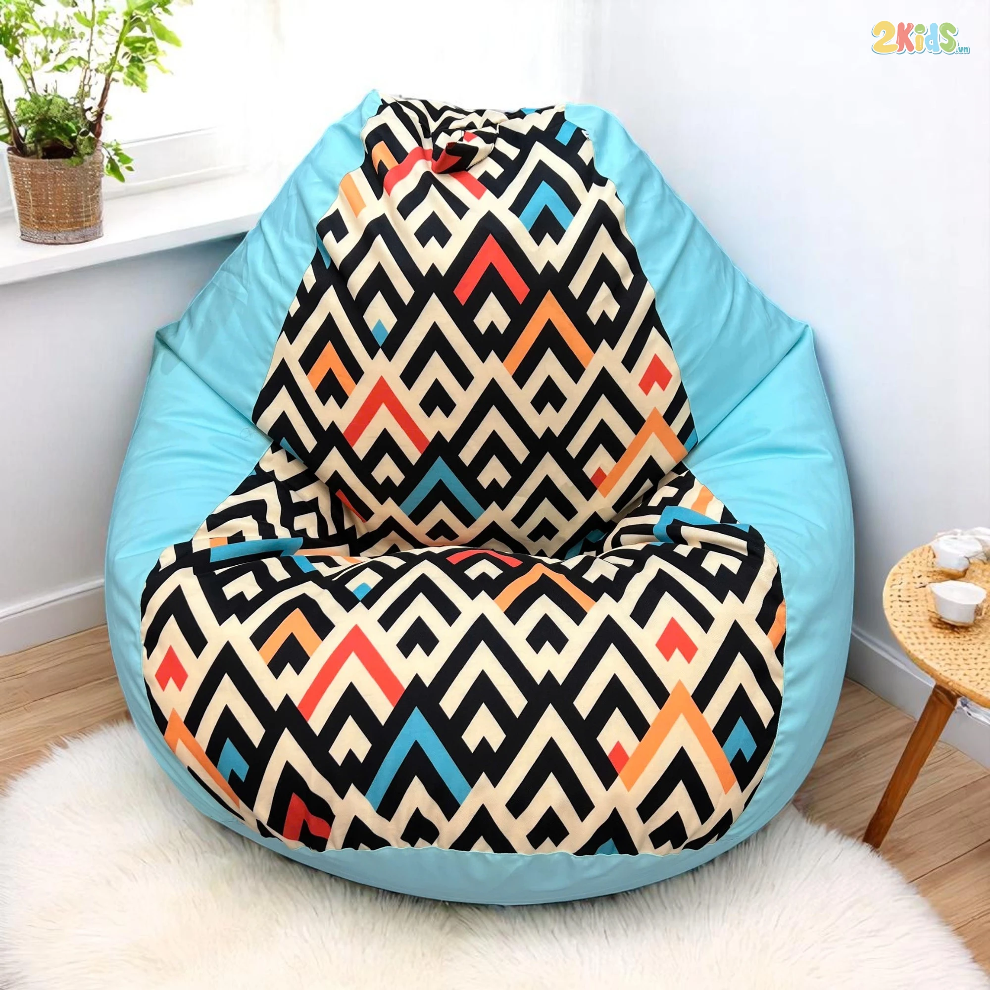 Ghế Lười Hạt Xốp Chống Thấm Màu Xanh In Họa Tiết