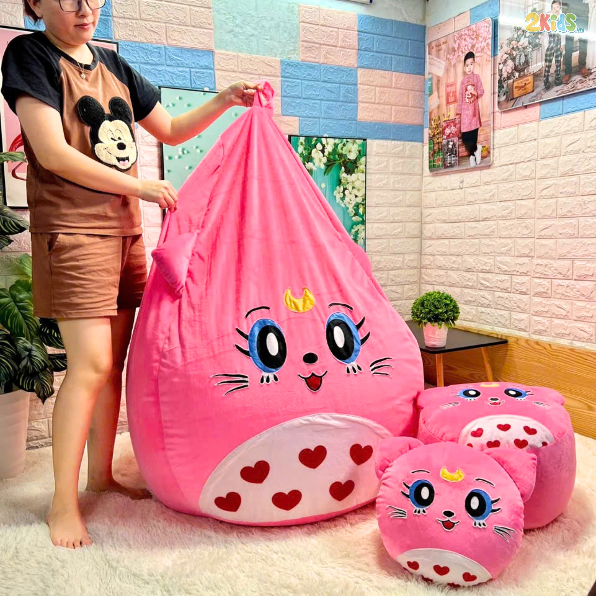 Ghế lười hạt xốp họa tiết mèo cười