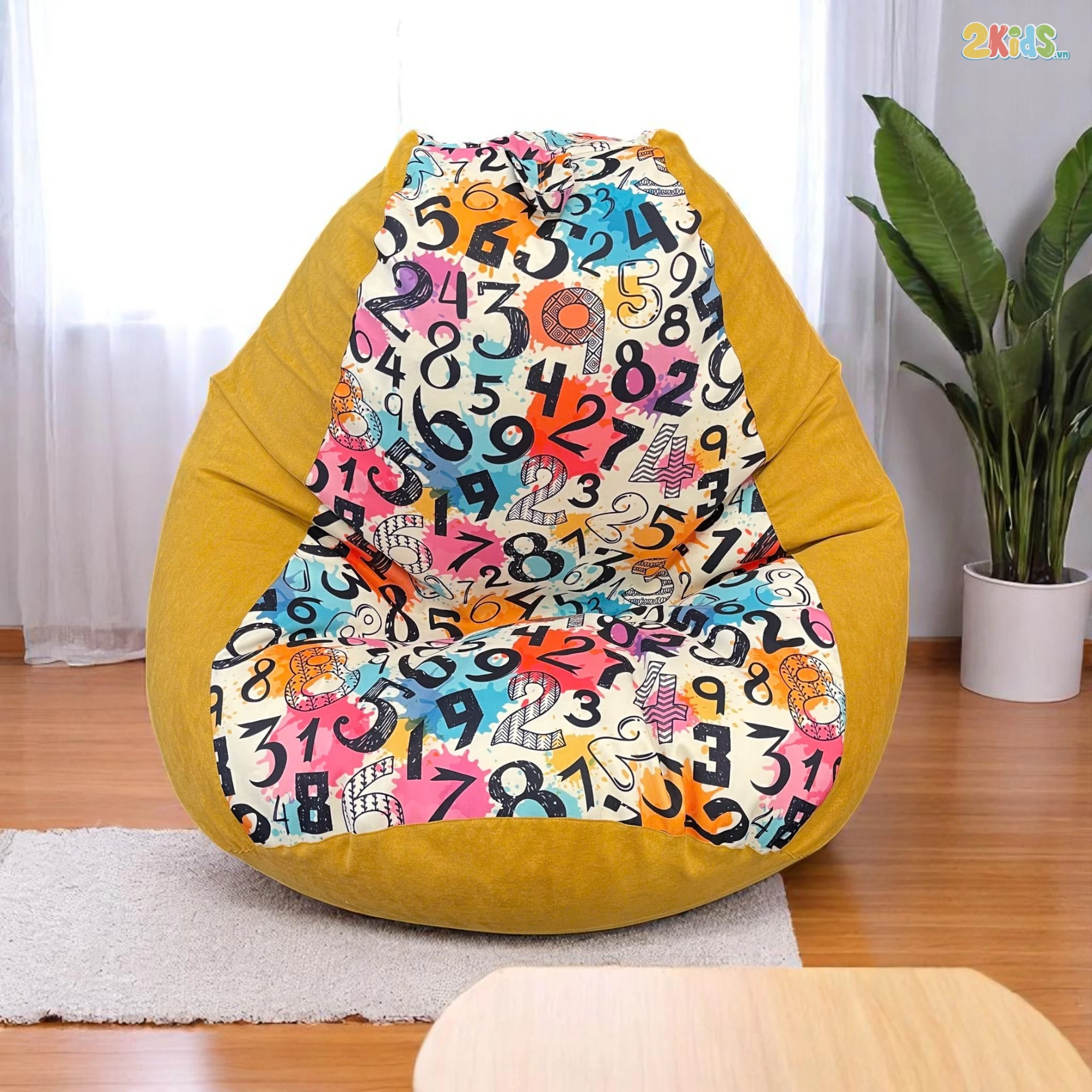 Ghế Lười Hạt Xốp Dáng Lê Số Học Màu Vàng