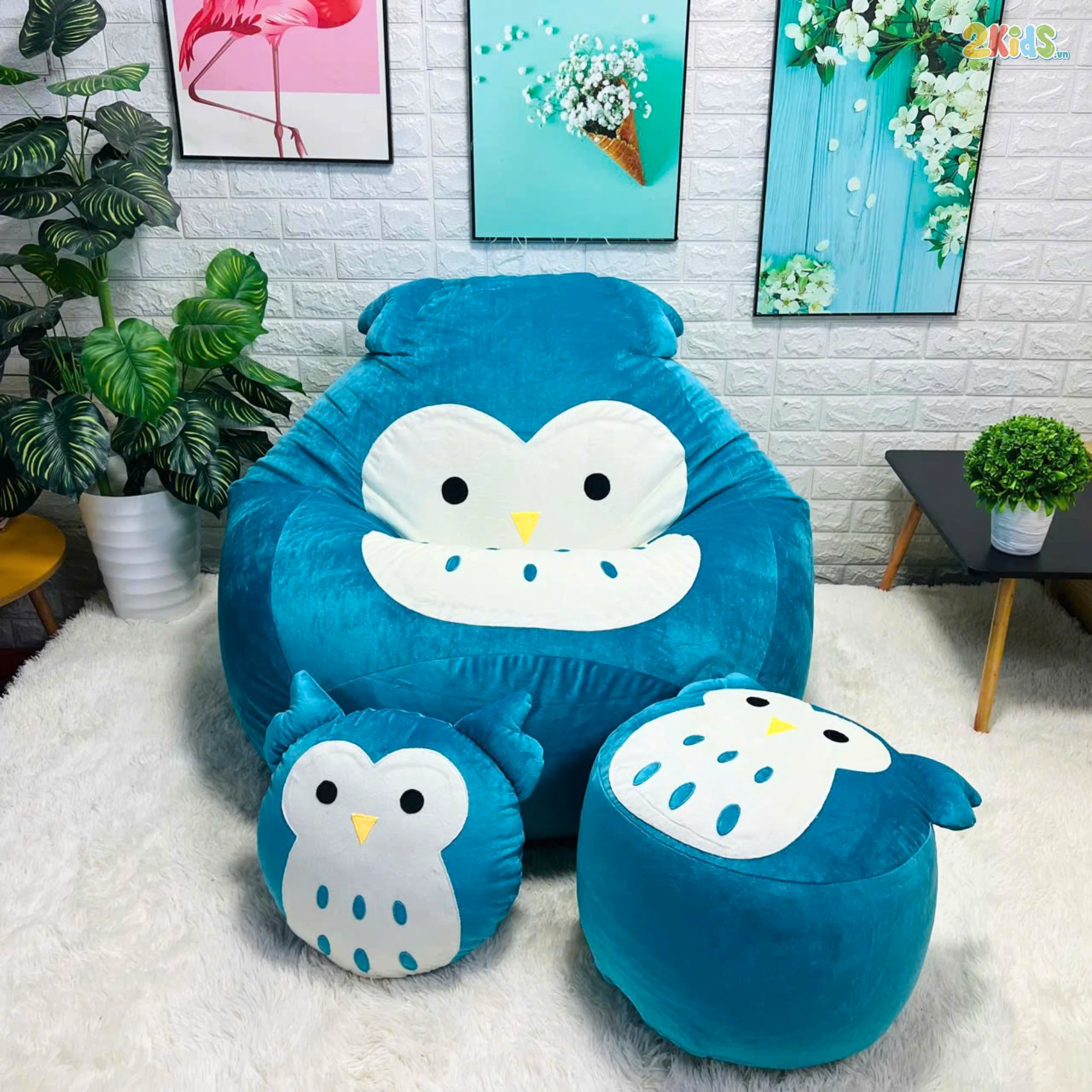 Ghế Lười Hạt Xốp Dáng Lê Vải Nhung Hình Cú Mèo