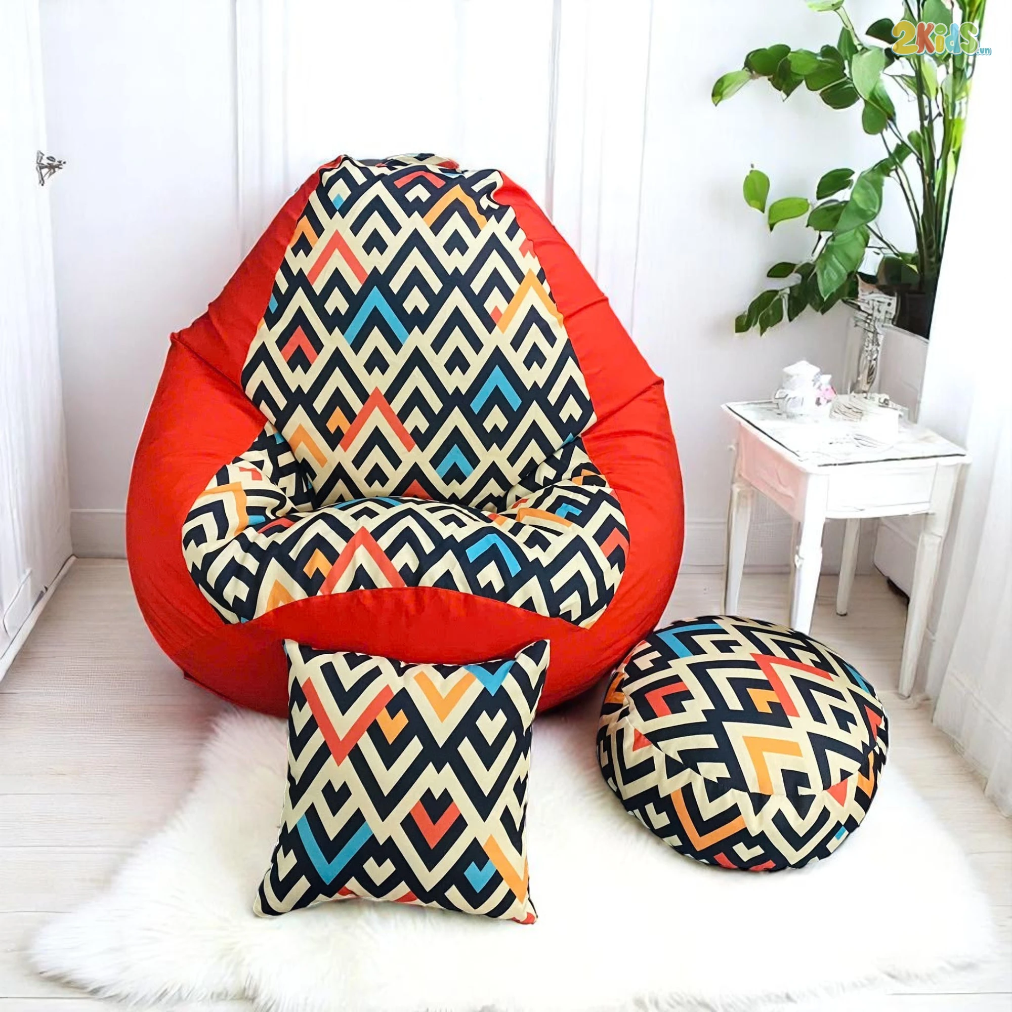 Ghế Lười Hạt Xốp Hình Quả Lê In Họa Tiết Màu Cam