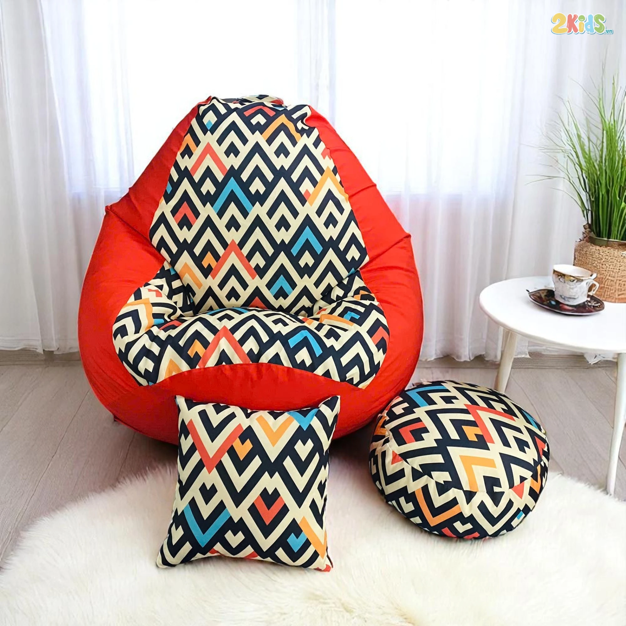 Ghế Lười Hạt Xốp Hình Quả Lê In Họa Tiết Màu Cam