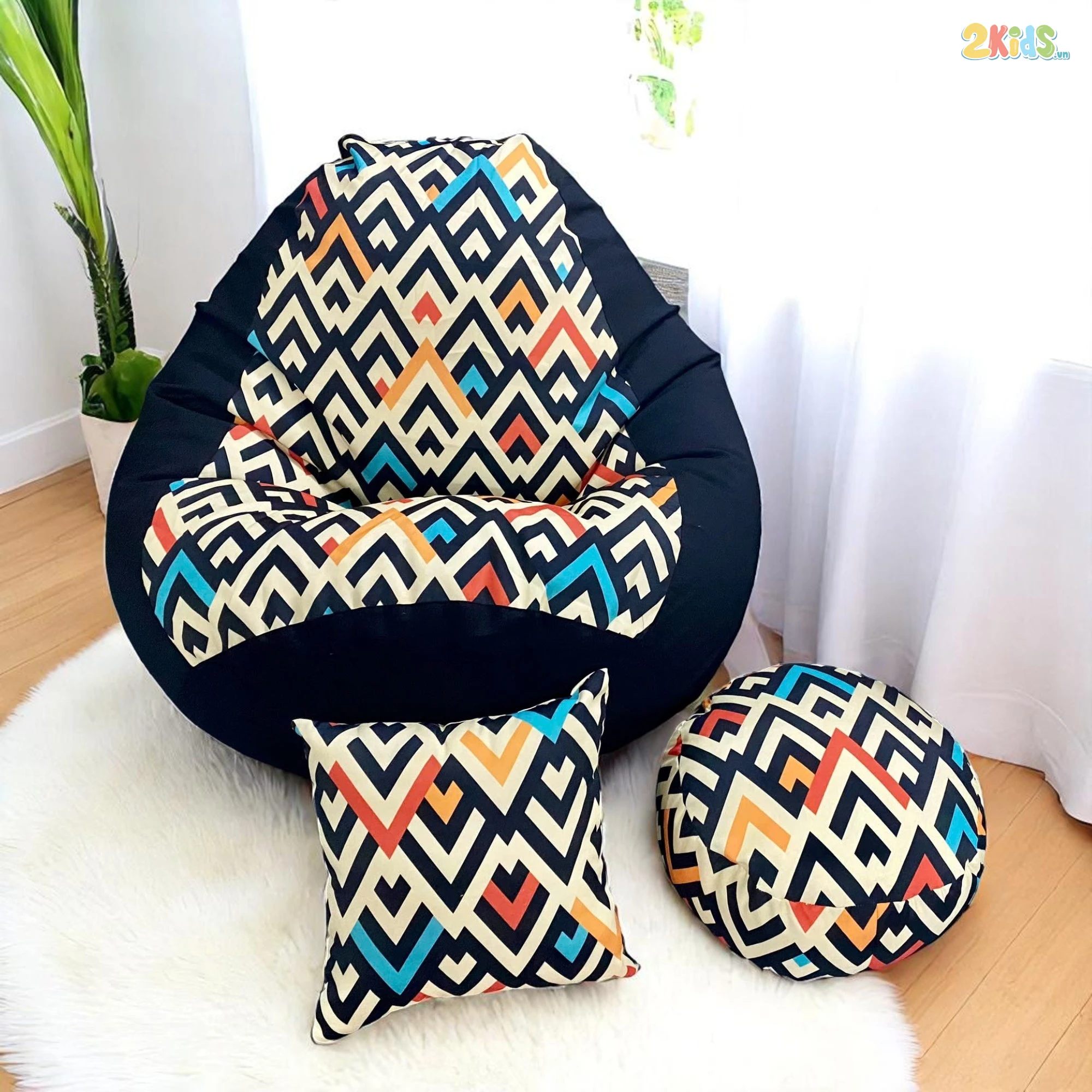 Ghế Lười Hạt Xốp Hình Quả Lê In Họa Tiết Màu Đen