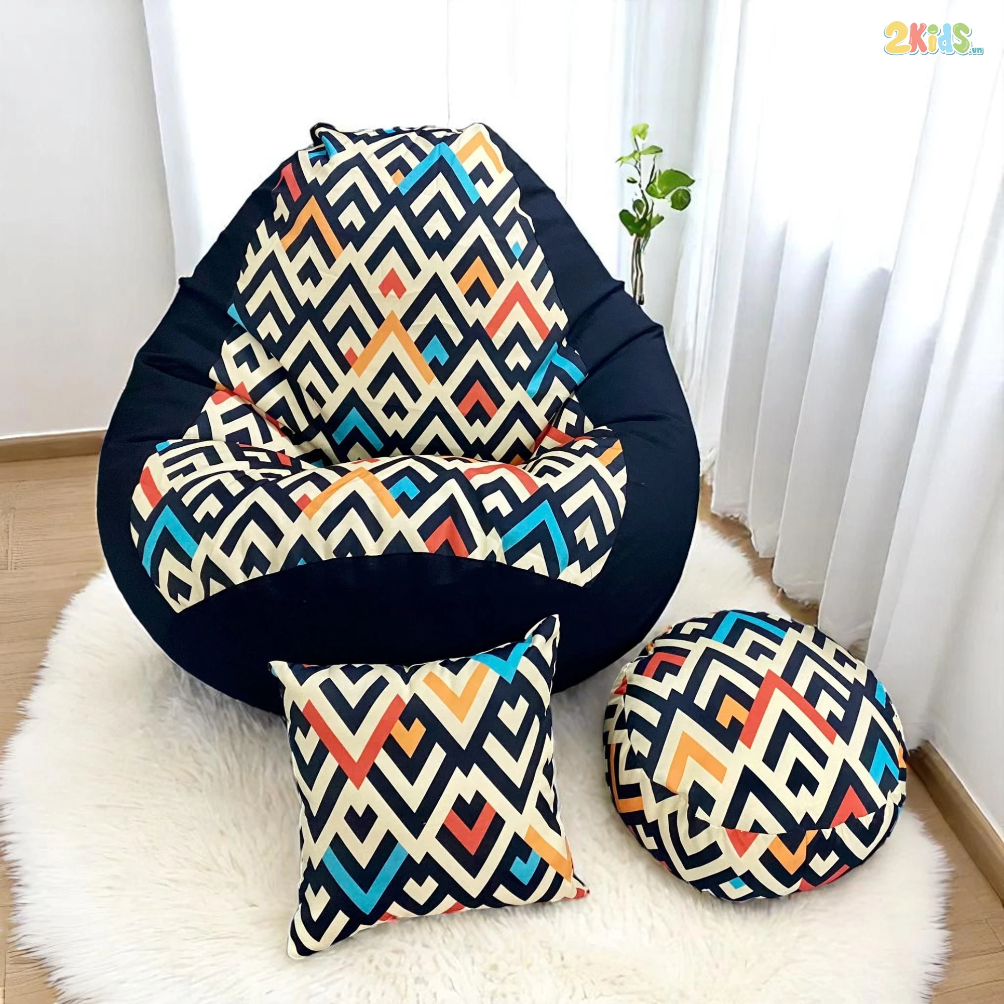 Ghế Lười Hạt Xốp Hình Quả Lê In Họa Tiết Màu Đen