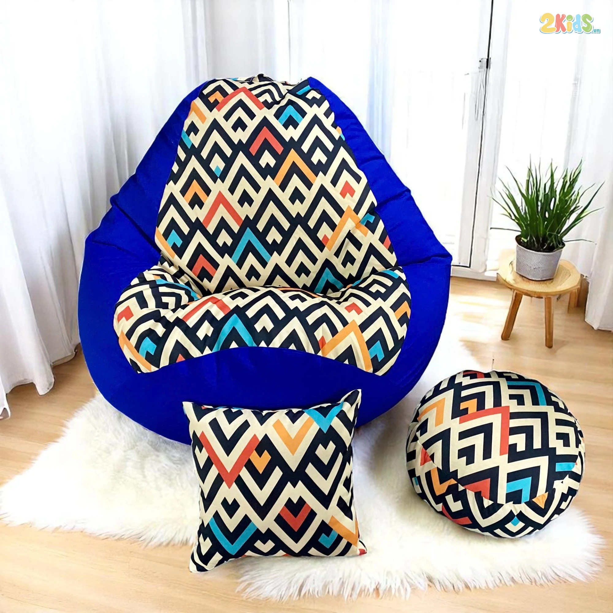 Ghế Lười Hạt Xốp Hình Quả Lê Họa Tiết Màu Xanh