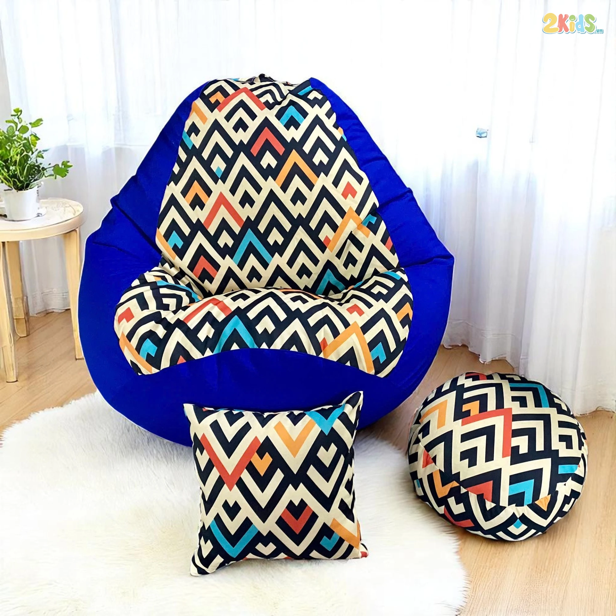 Ghế Lười Hạt Xốp Hình Quả Lê Họa Tiết Màu Xanh