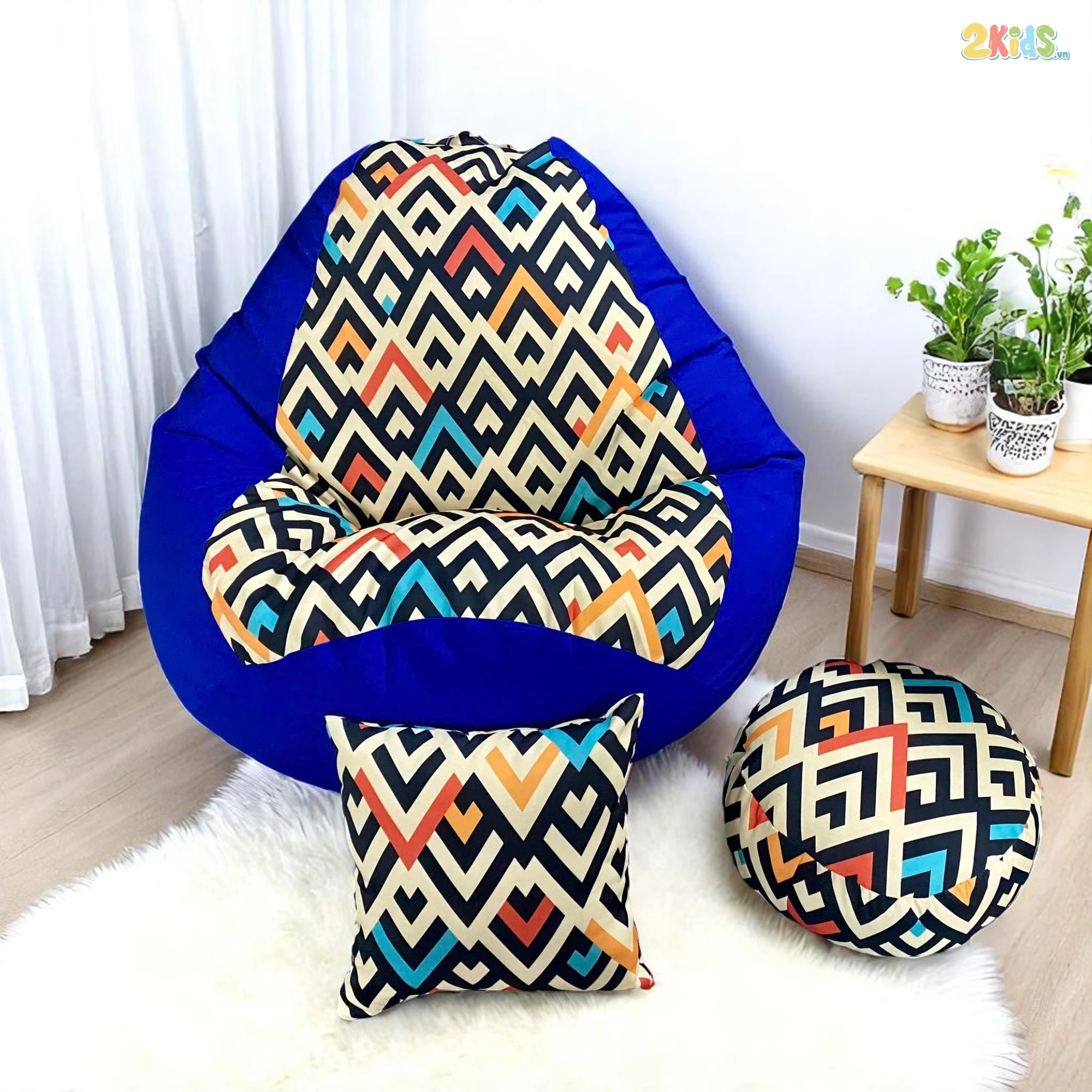 Ghế Lười Hạt Xốp Hình Quả Lê Họa Tiết Màu Xanh