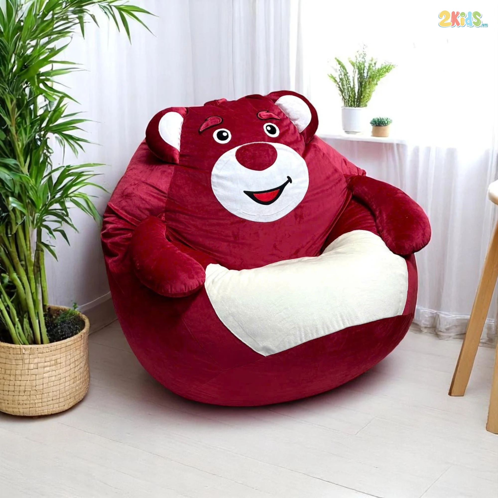 Ghế Lười Hạt Xốp Hình Thú Gấu Đỏ Vải Nhung Lạnh