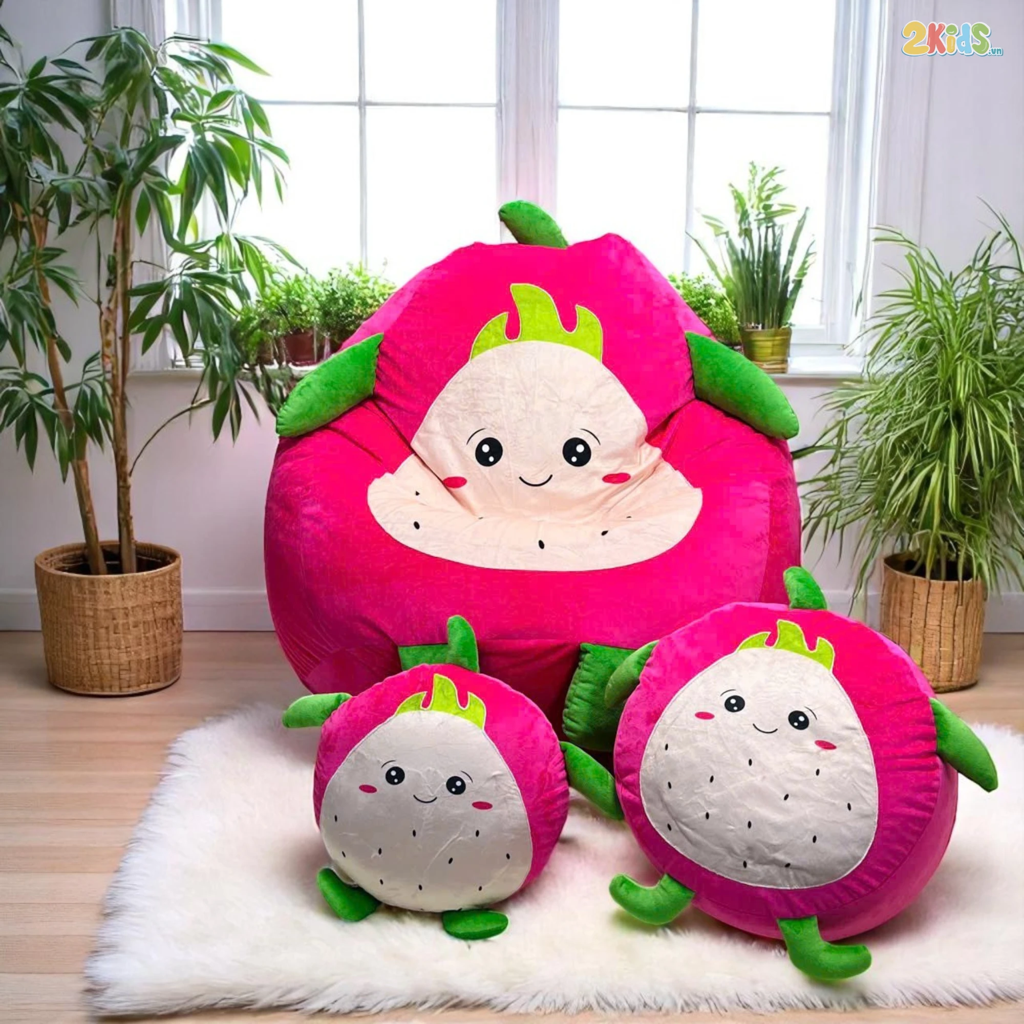 Ghế lười hạt xốp hình trái thanh long + đôn, gối ôm