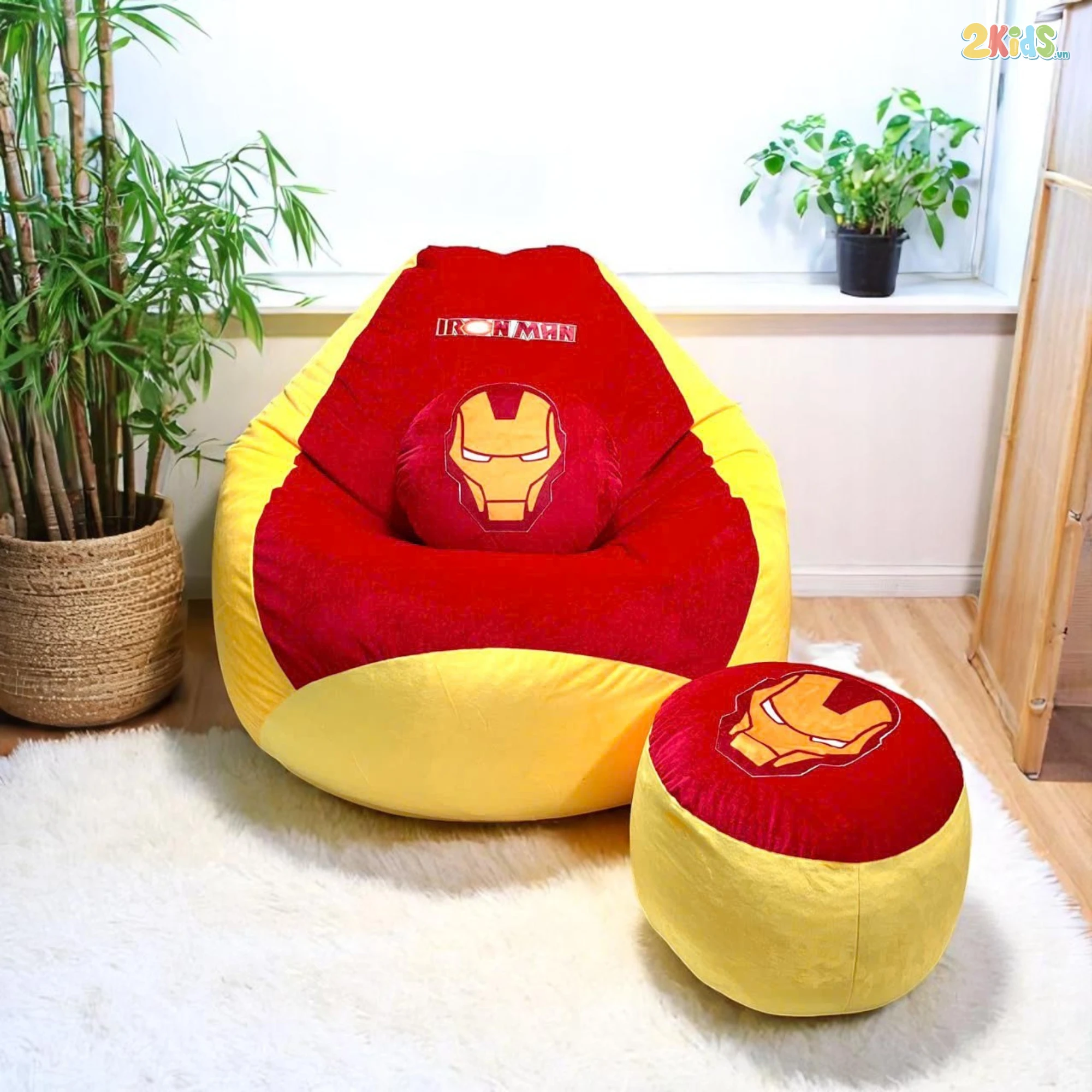 Ghế Lười Hạt Xốp Iron Man Vải Nhung Lạnh Cao Cấp