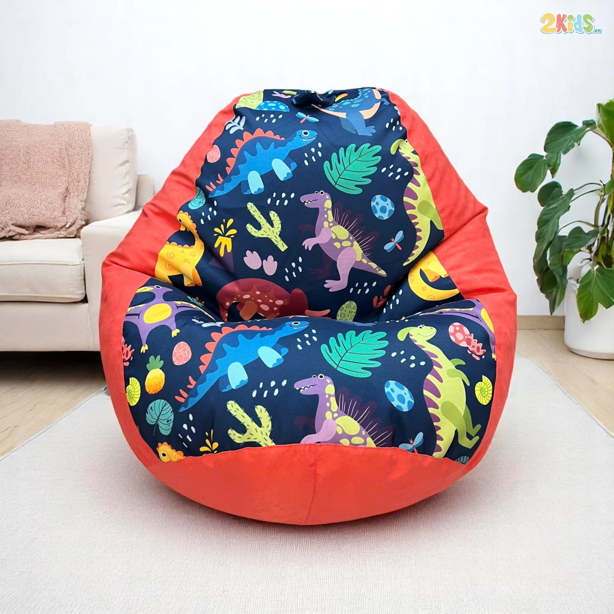 Ghế Lười Hạt Xốp Khủng Long Vải Canvas Màu Cam