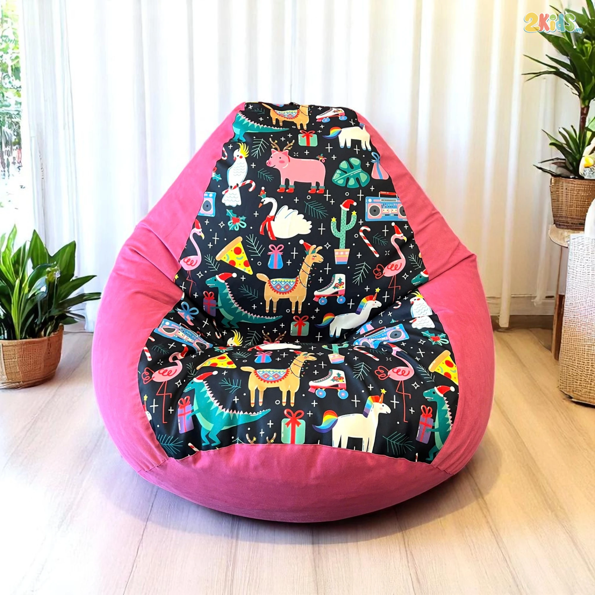 Ghế Lười Hạt Xốp Khủng Long Vải Canvas Màu Hồng