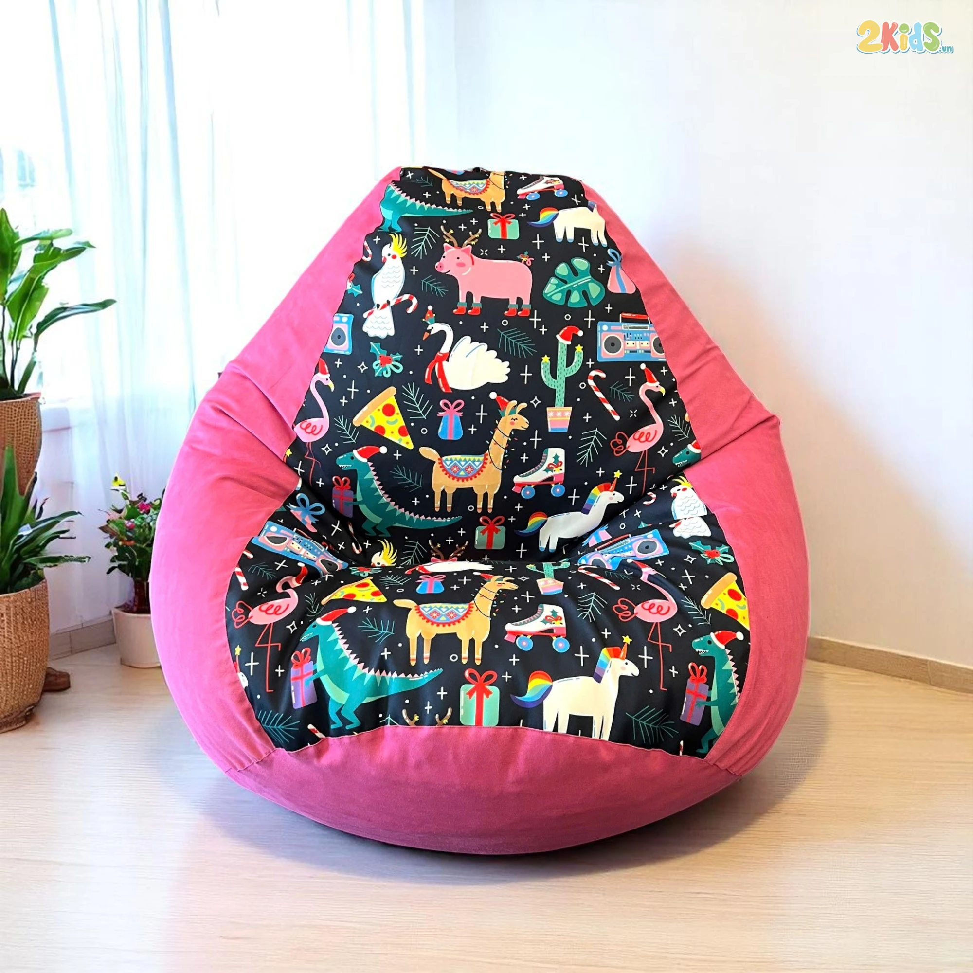 Ghế Lười Hạt Xốp Khủng Long Vải Canvas Màu Hồng