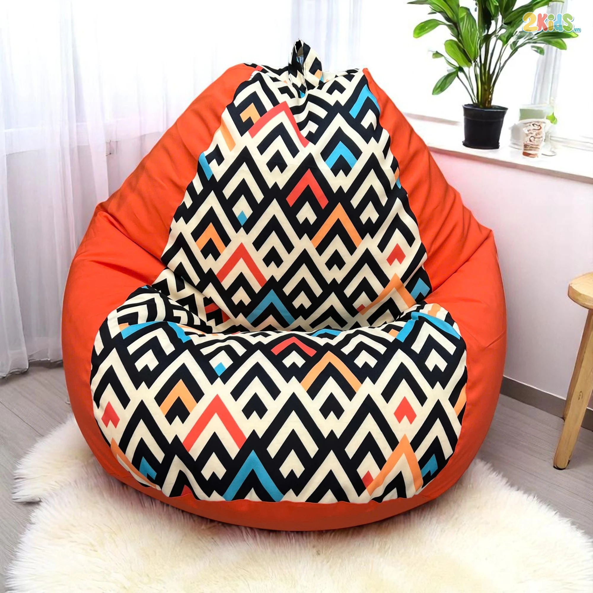 Ghế Lười Hạt Xốp Vải Canvas Mix Da Lộn Màu Cam