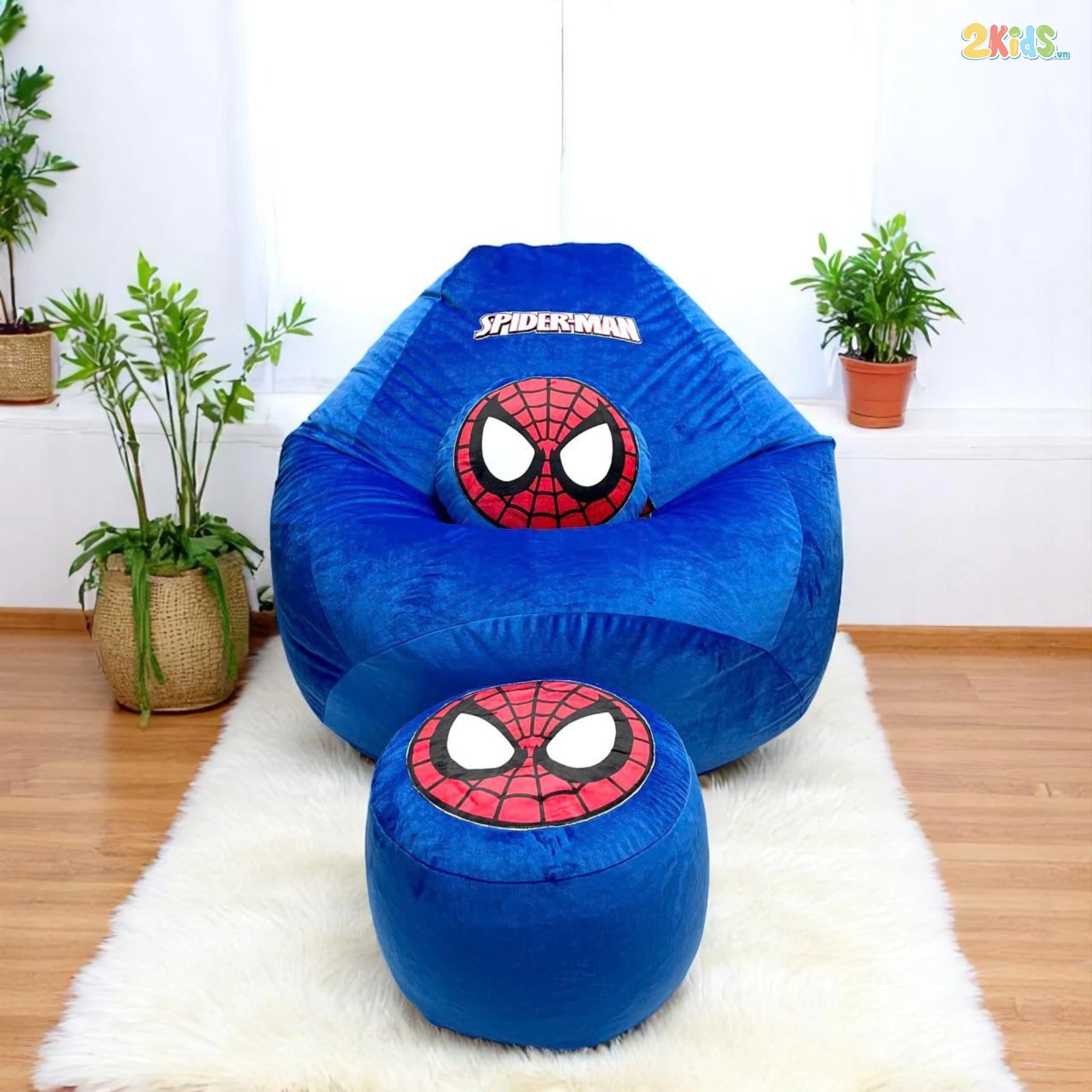 Ghế Lười Hạt Xốp Vải Nhung Hình Siêu Nhân Spiderman