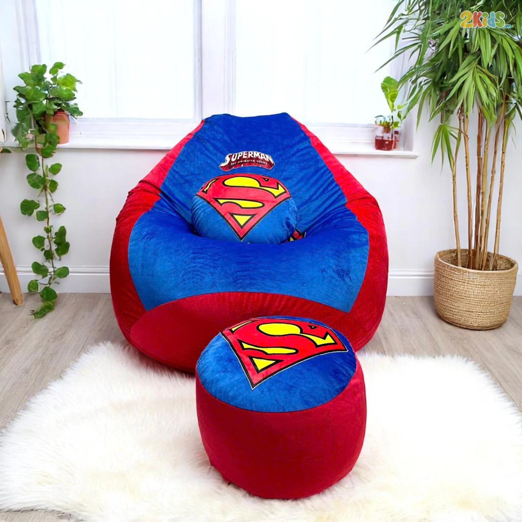 Ghế Lười Hạt Xốp Vải Nhung Hình Siêu Nhân Superman