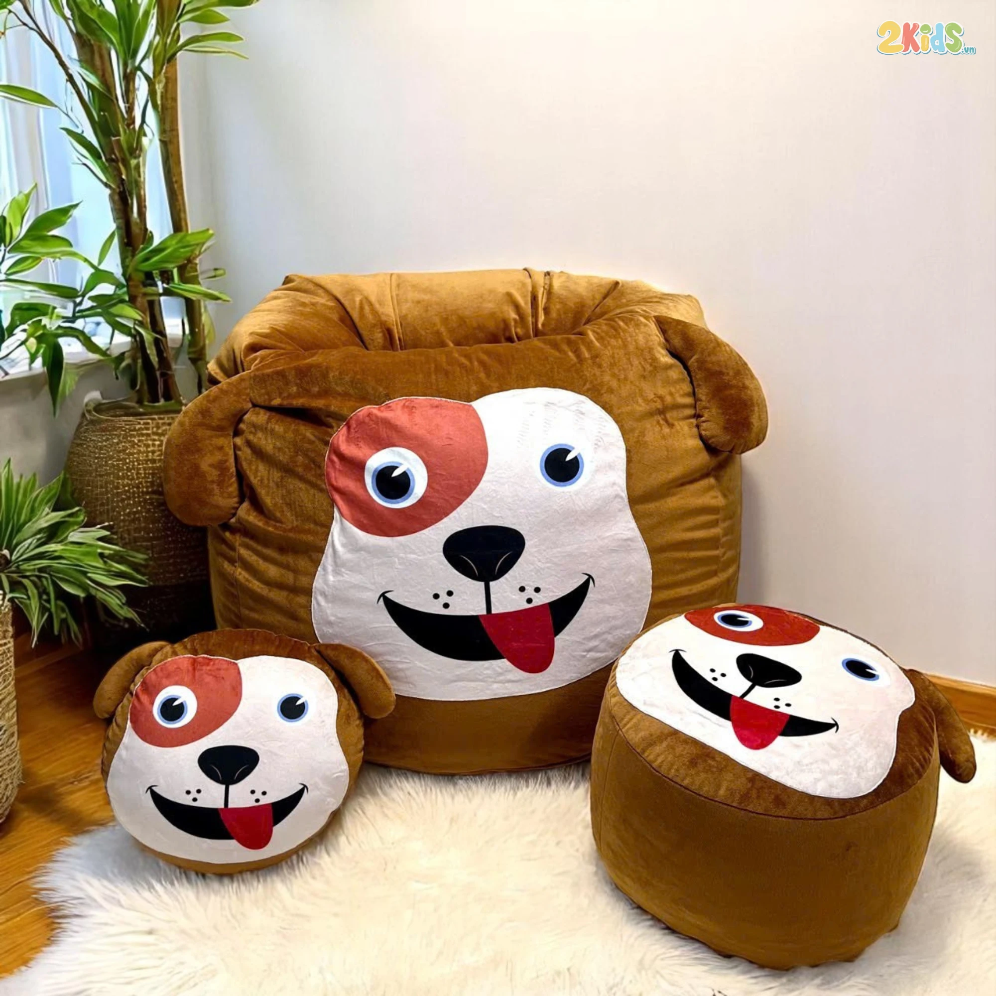 Ghế Lười Hình Thú Vải Nhung Lạnh Họa Tiết Chó Nâu