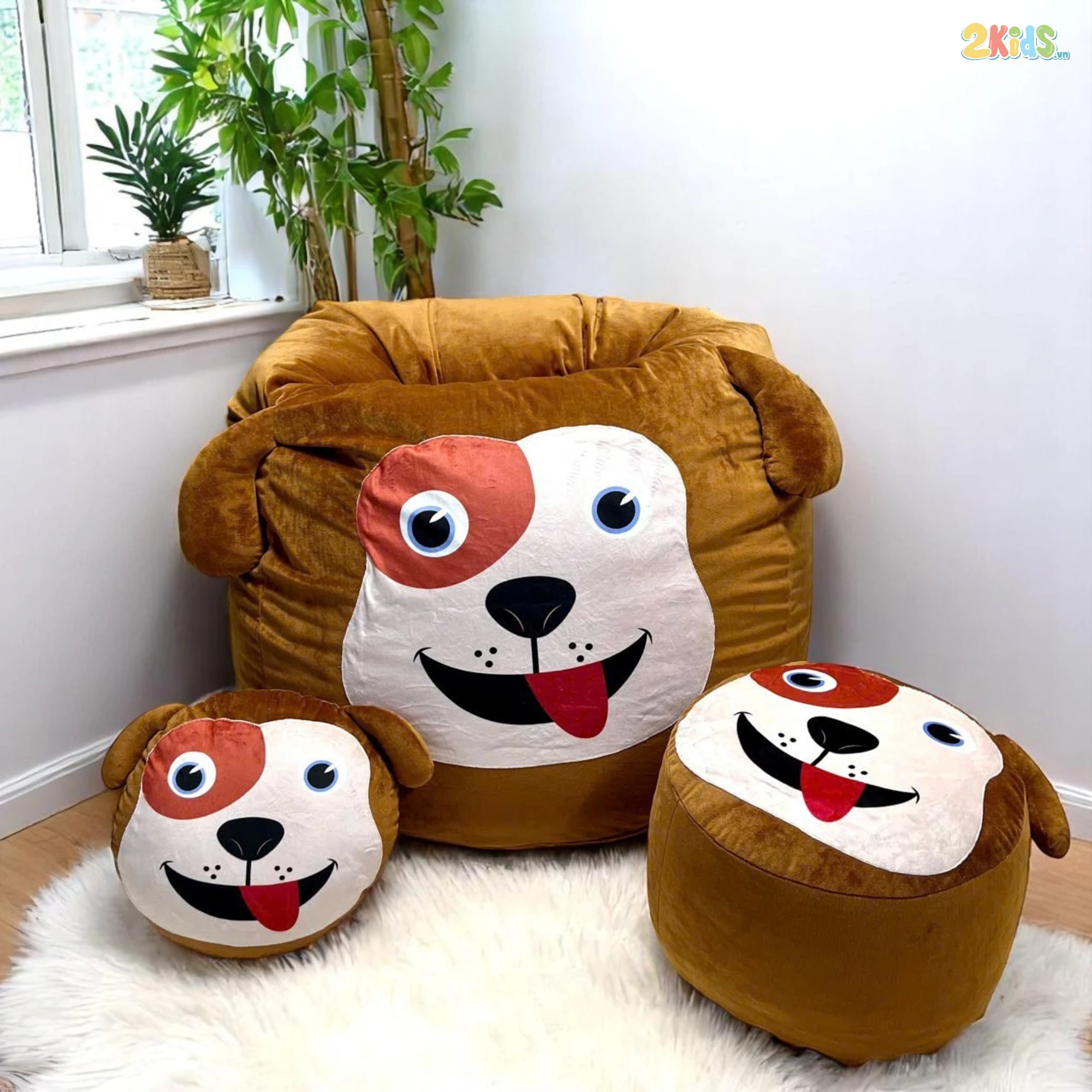 Ghế Lười Hình Thú Vải Nhung Lạnh Họa Tiết Chó Nâu