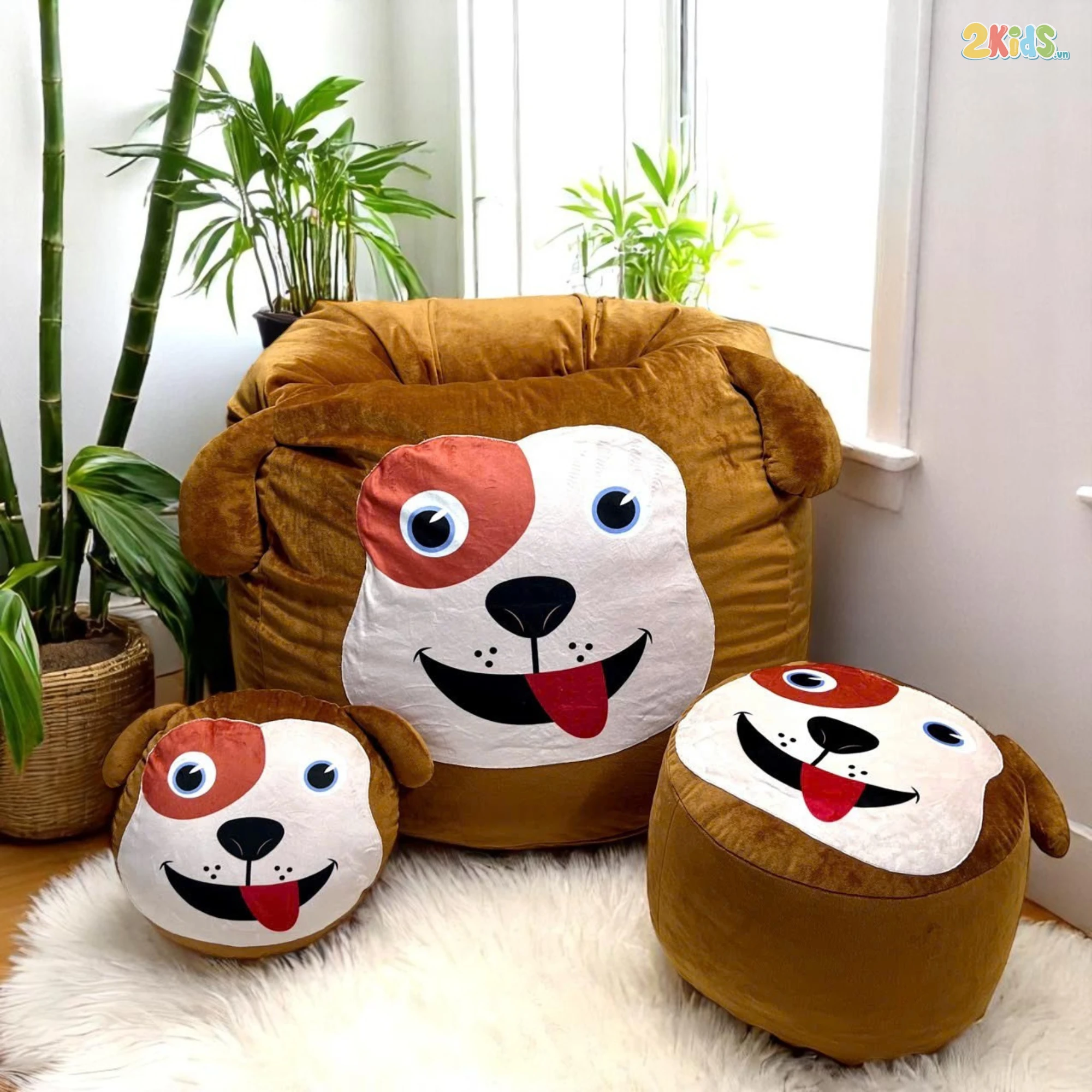 Ghế Lười Hình Thú Vải Nhung Lạnh Họa Tiết Chó Nâu