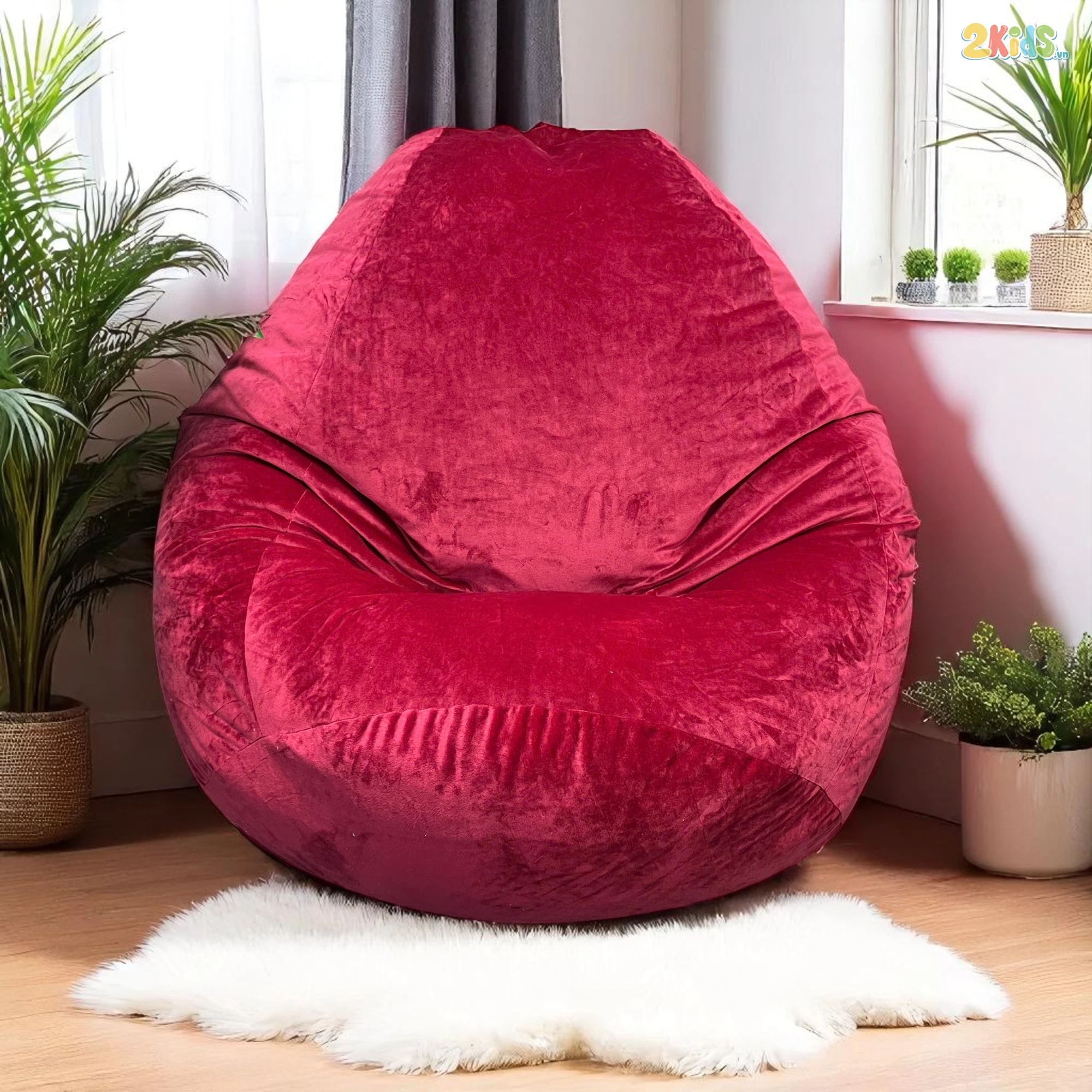 Ghế Lười Hạt Xốp Vải Nhung Đọc Sách Thư Giãn Màu Đỏ