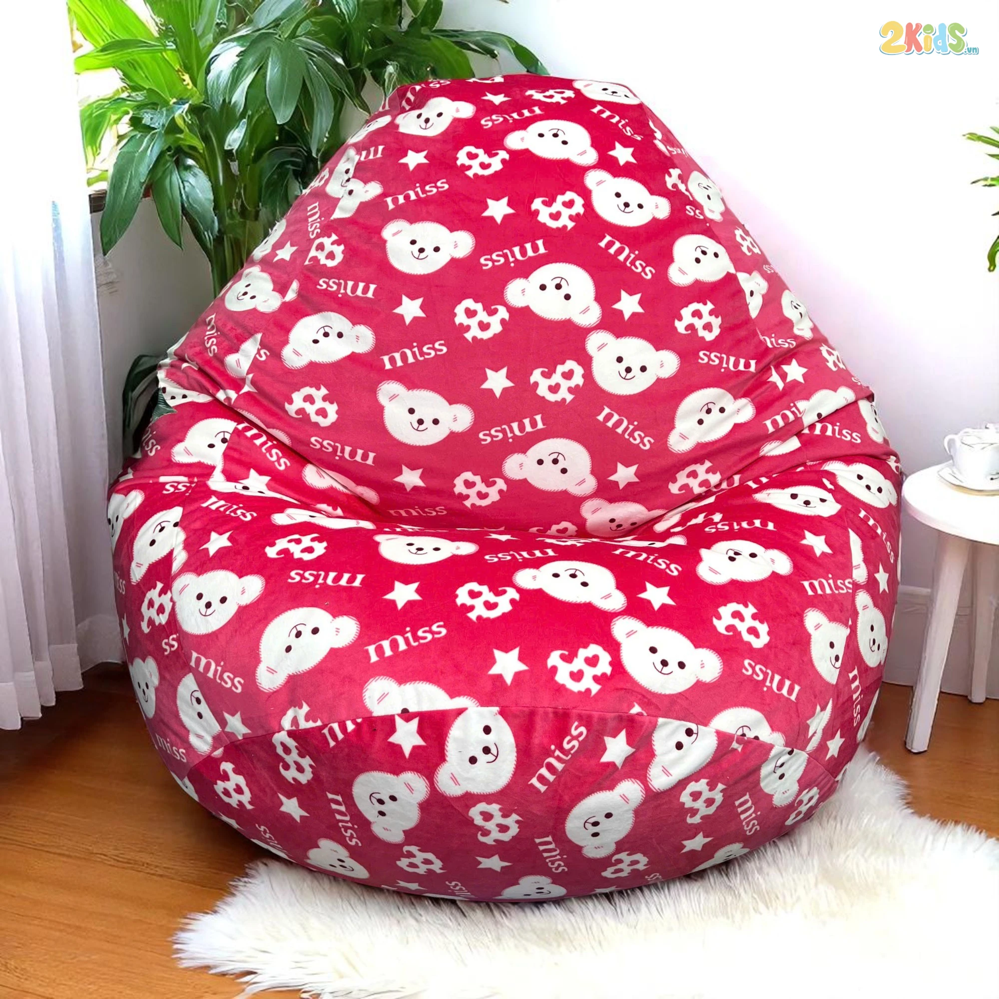 Ghế Lười Hạt Xốp Vải Nhung Màu Hồng Phối Họa Tiết