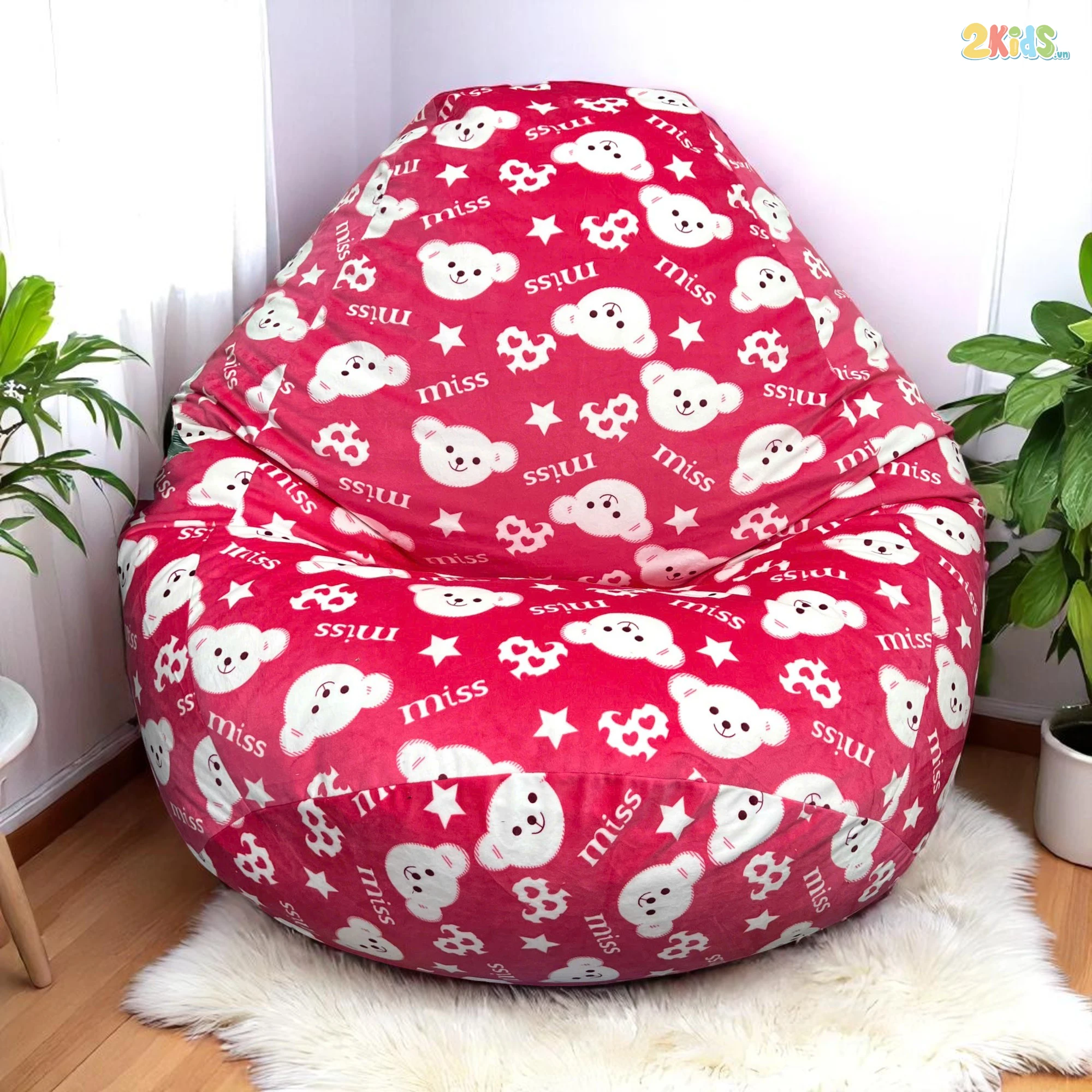 Ghế Lười Hạt Xốp Vải Nhung Màu Hồng Phối Họa Tiết