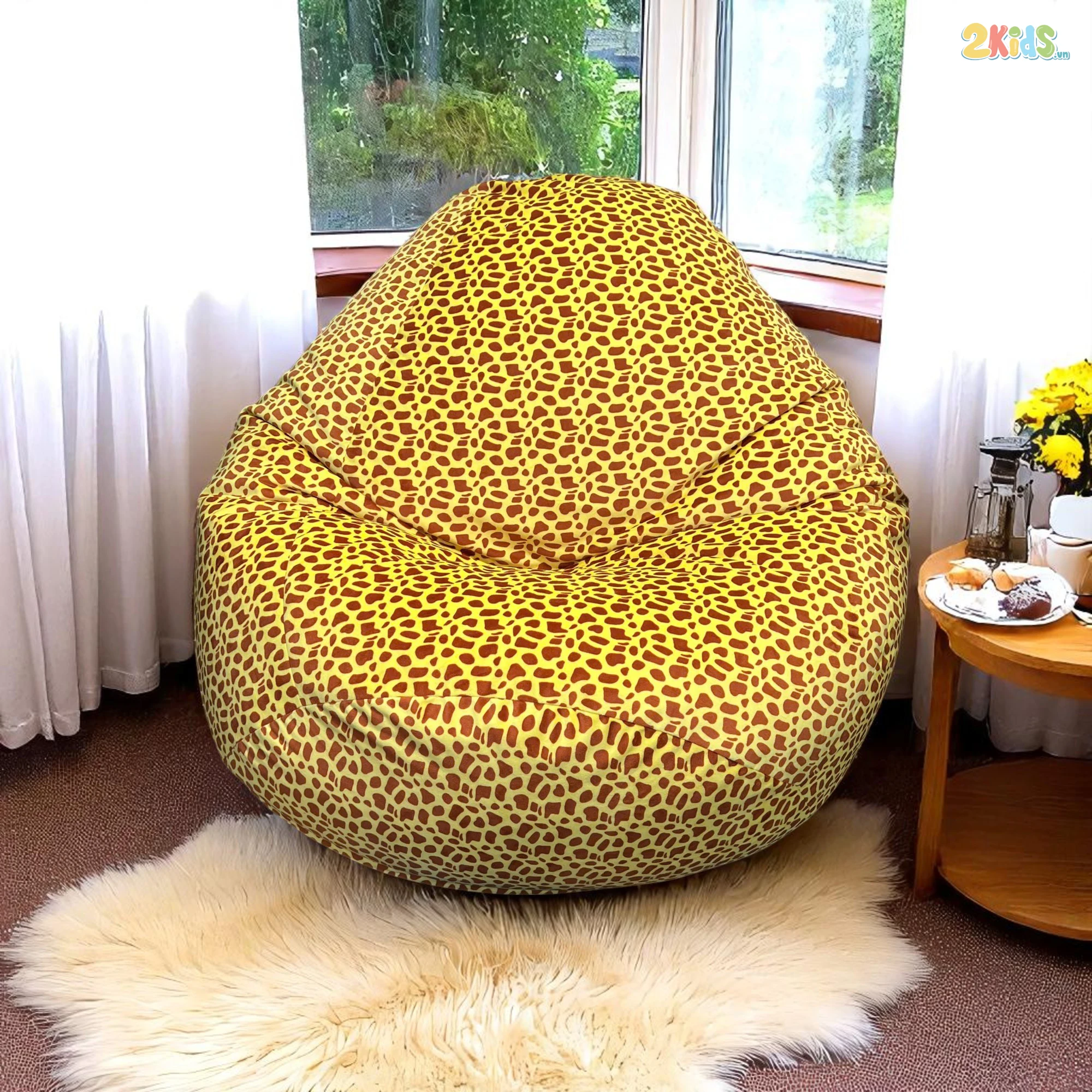 Ghế Lười Hạt Xốp Thư Giãn Vải Nhung Màu Vàng Phối Họa Tiết