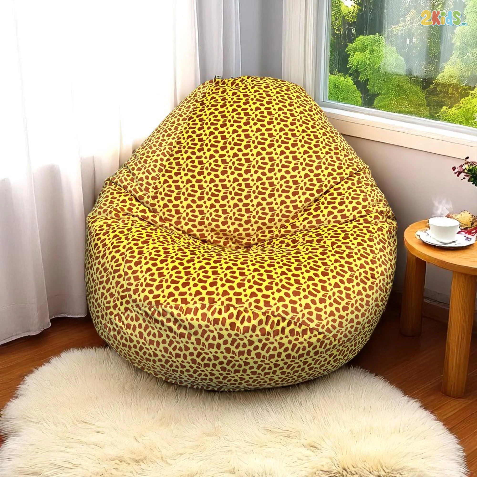 Ghế Lười Hạt Xốp Thư Giãn Vải Nhung Màu Vàng Phối Họa Tiết