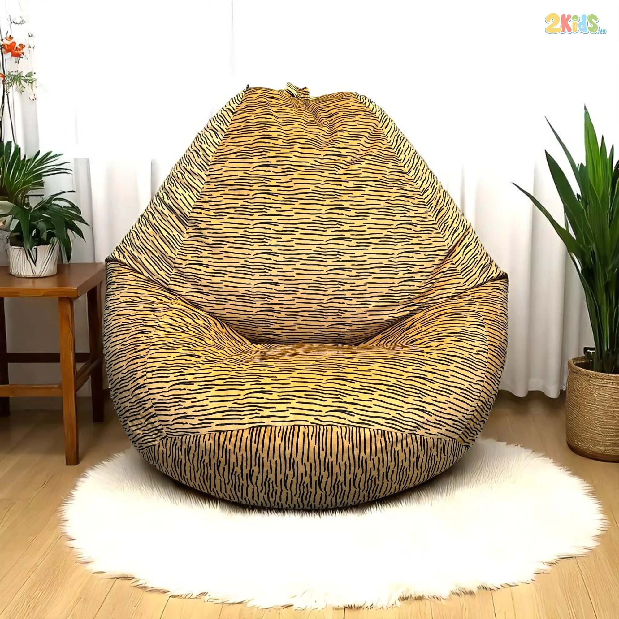 Ghế Lười Hạt Xốp Giọt Nước Vải Nhung Màu Vàng Phối Họa Tiết