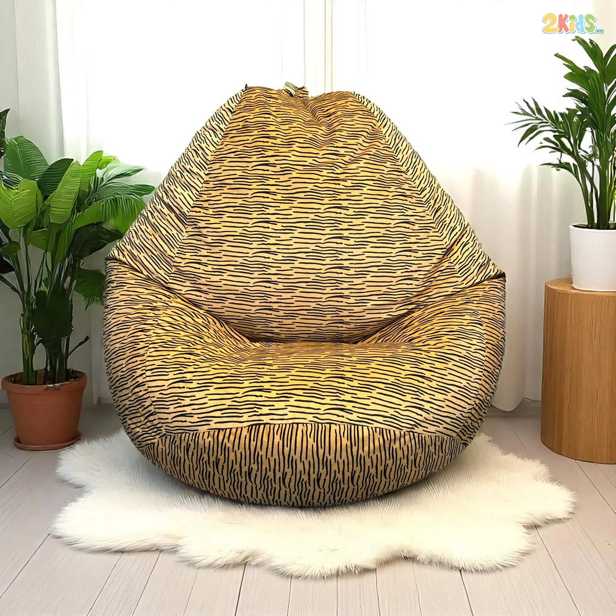 Ghế Lười Hạt Xốp Giọt Nước Vải Nhung Màu Vàng Phối Họa Tiết