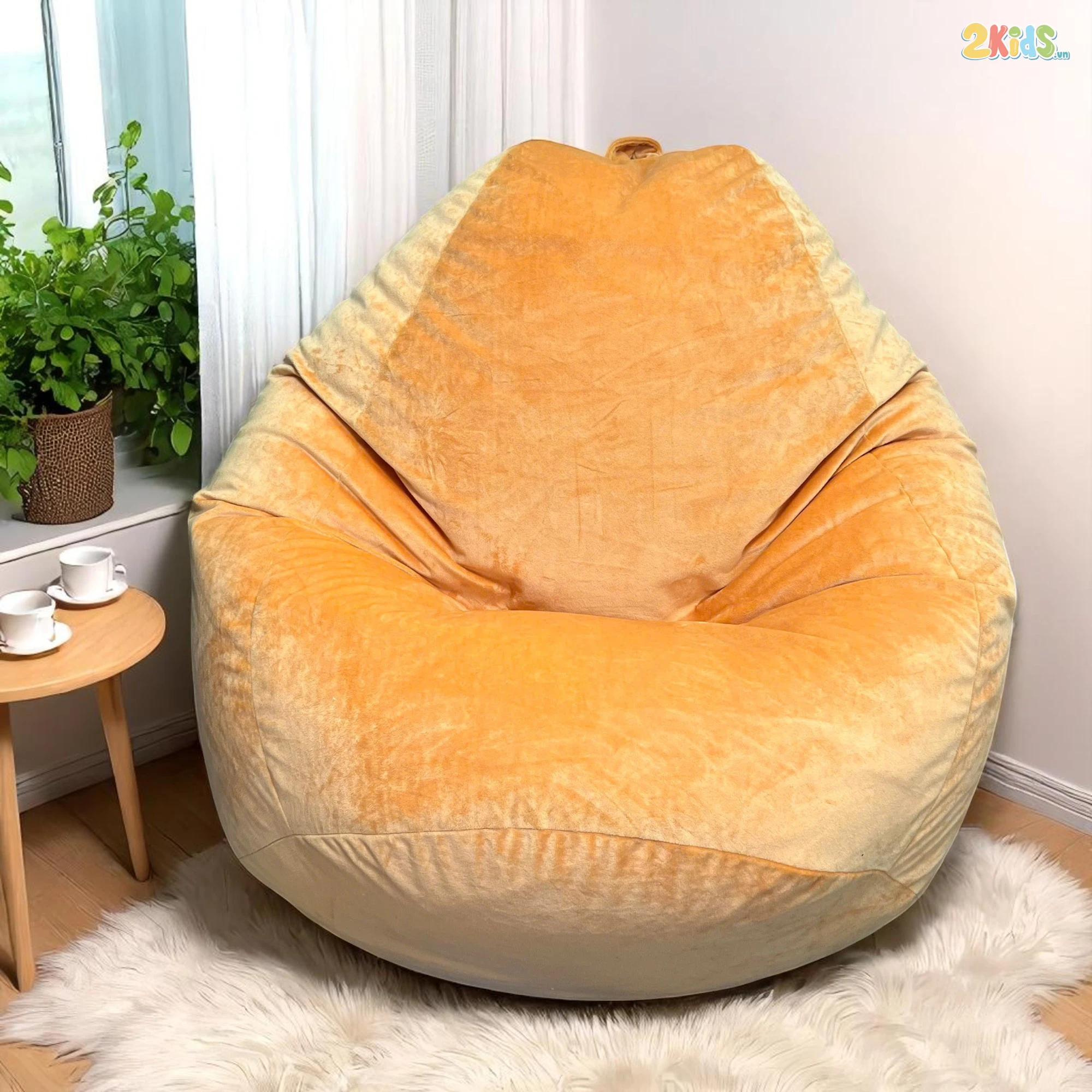 Ghế Lười Hạt Xốp Vải Nhung Màu Vàng Cam Dáng Quả lê