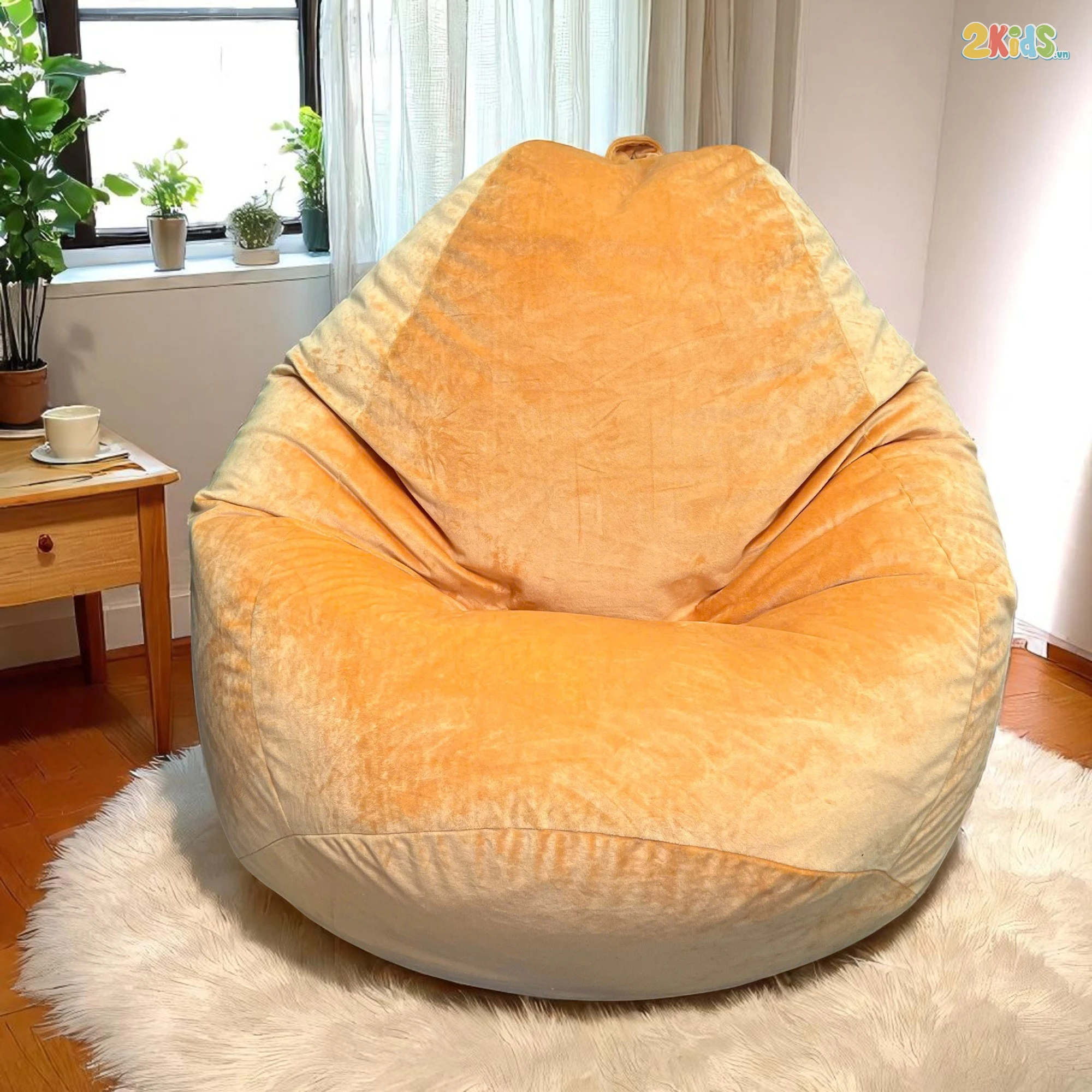 Ghế Lười Hạt Xốp Vải Nhung Màu Vàng Cam Dáng Quả lê