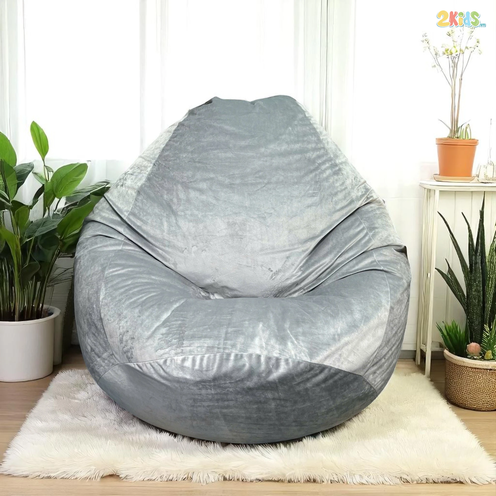 Ghế Lười Hạt Xốp Màu Xám Vải Nhung Dáng Giọt Nước