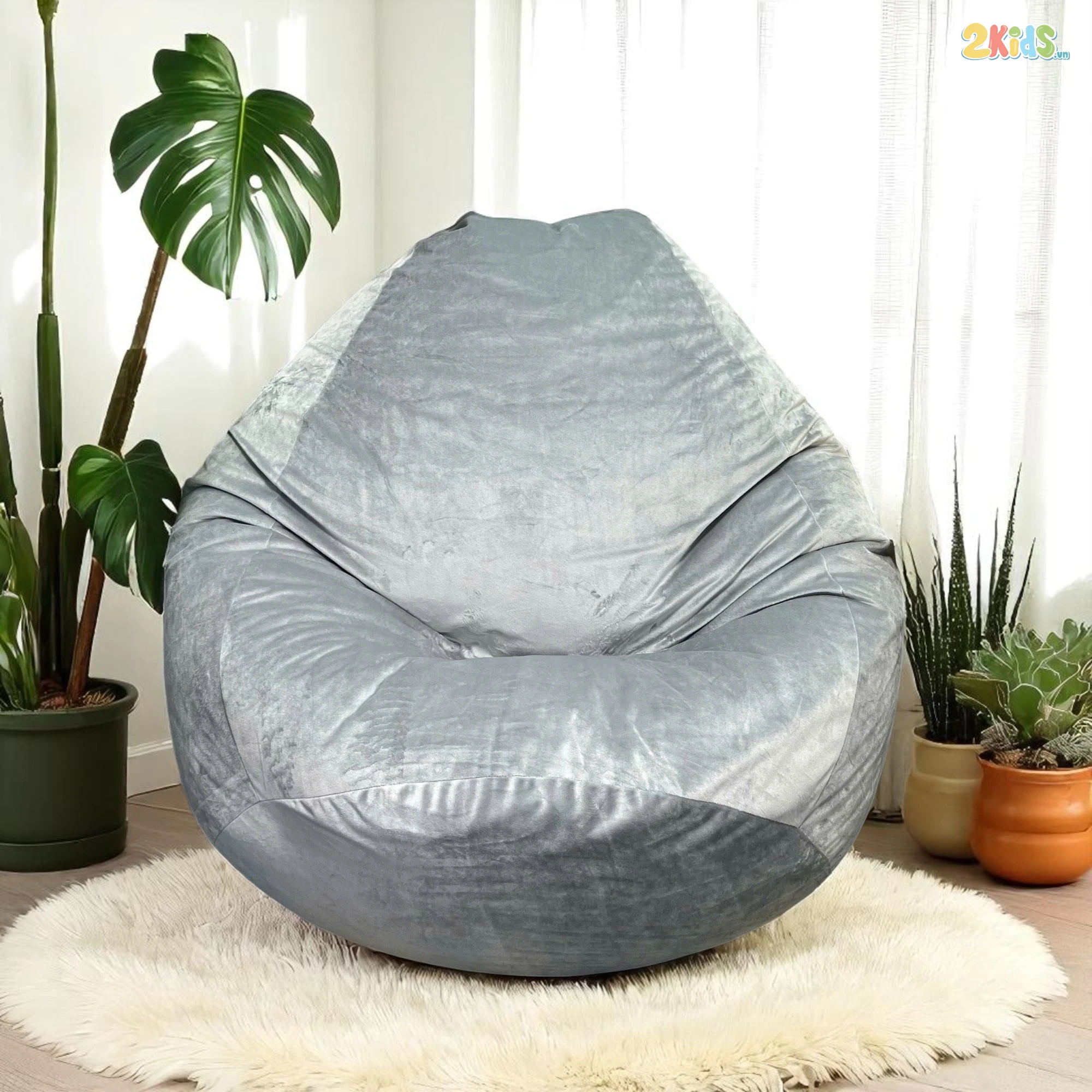 Ghế Lười Hạt Xốp Màu Xám Vải Nhung Dáng Giọt Nước