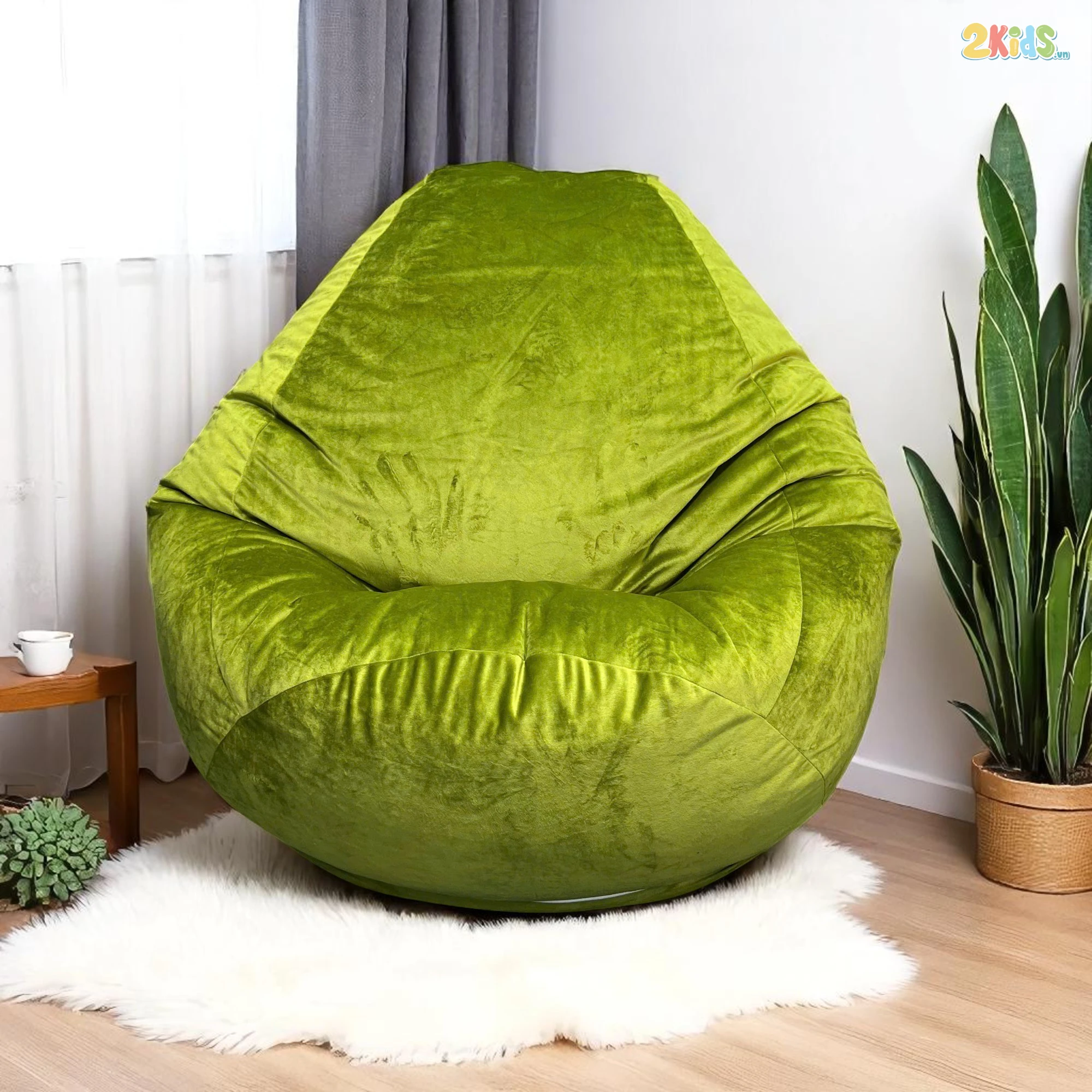 Ghế Lười Hạt Xốp Vải Nhung Màu Xanh Dáng Quả Lê