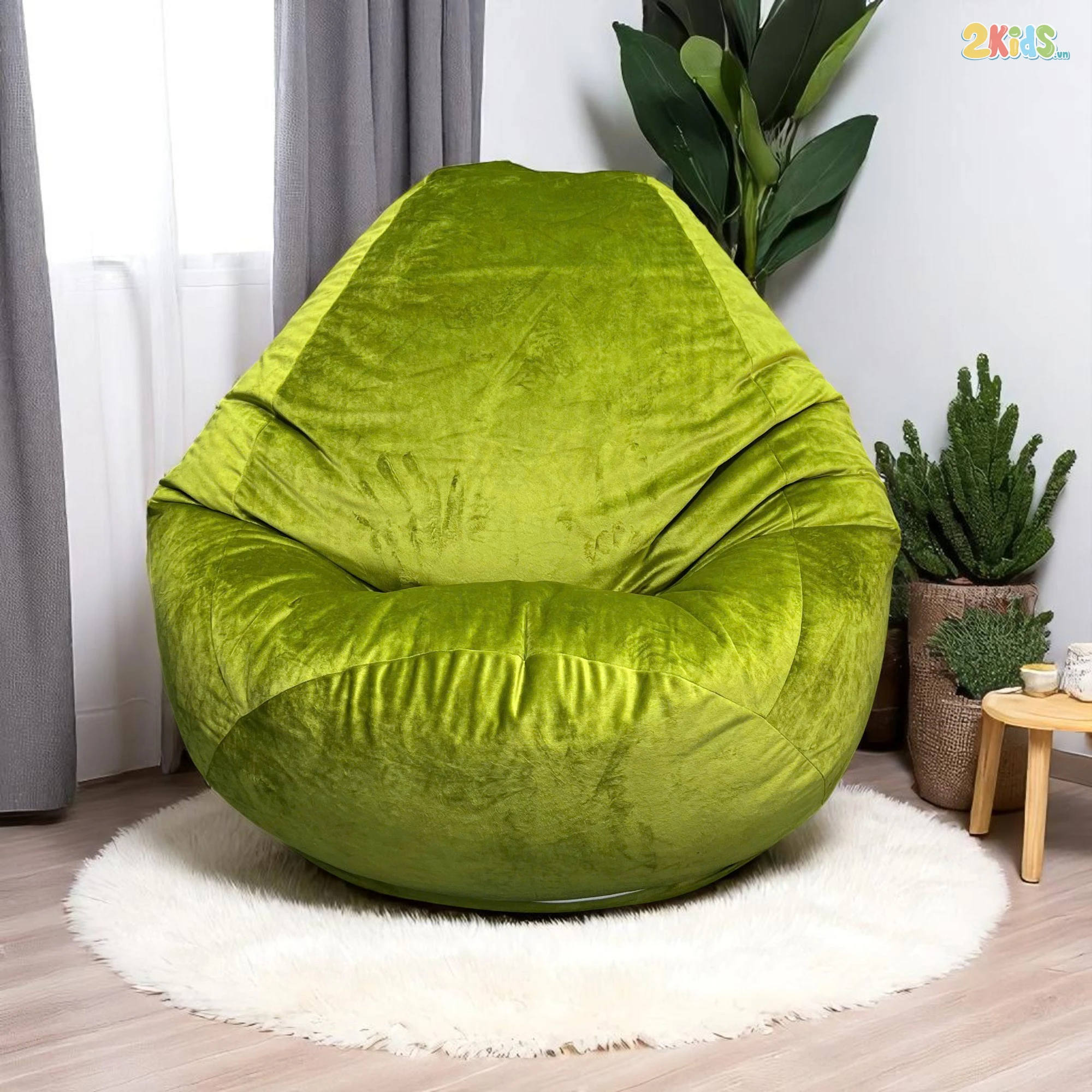 Ghế Lười Hạt Xốp Vải Nhung Màu Xanh Dáng Quả Lê