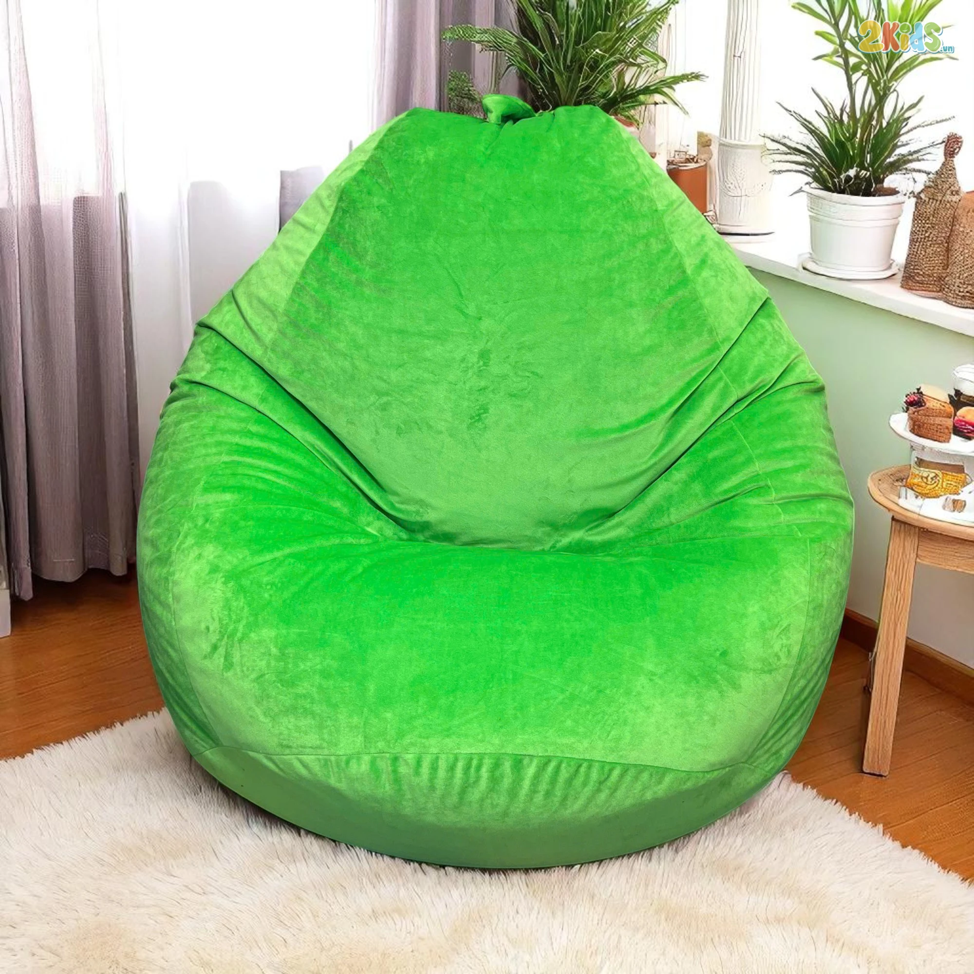 Ghế Lười Hạt Xốp Vải Nhung Màu Xanh Lá Vải Nhung Dáng Quả Lê