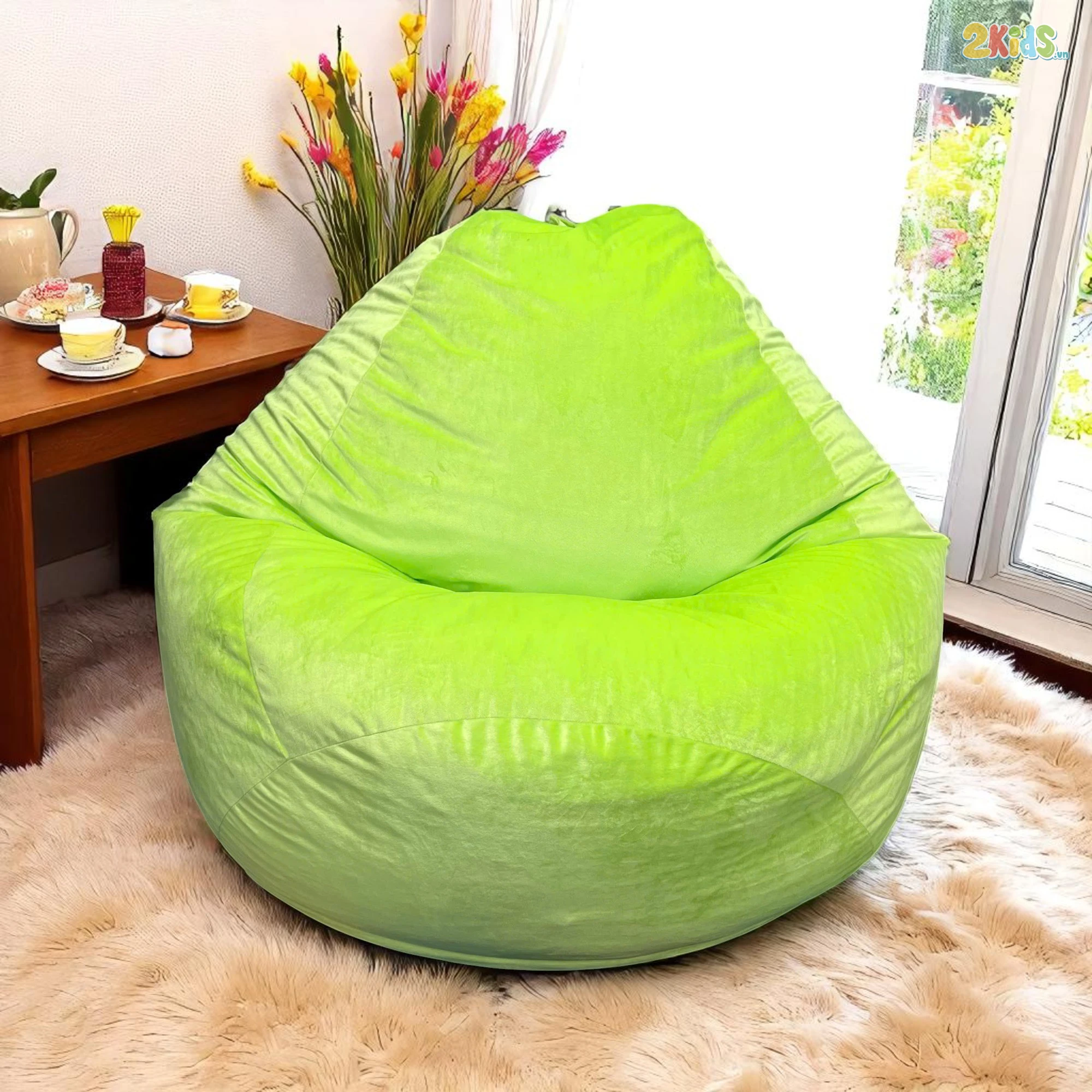 Ghế Lười Hạt Xốp Thư Giãn Vải Nhung Màu Xanh Nõn