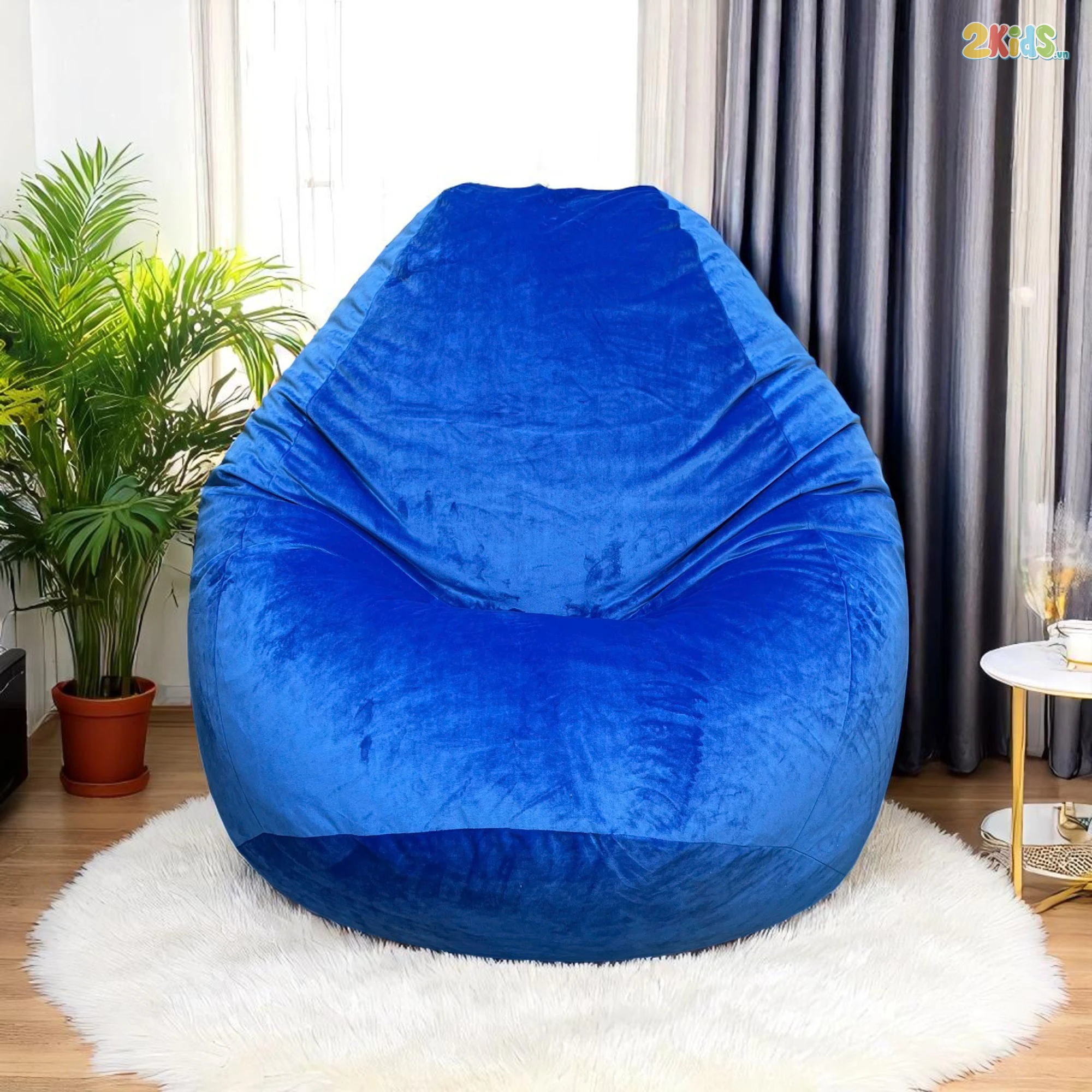 Ghế Lười Hạt Xốp Tựa Lưng Vải Nhung Màu Xanh