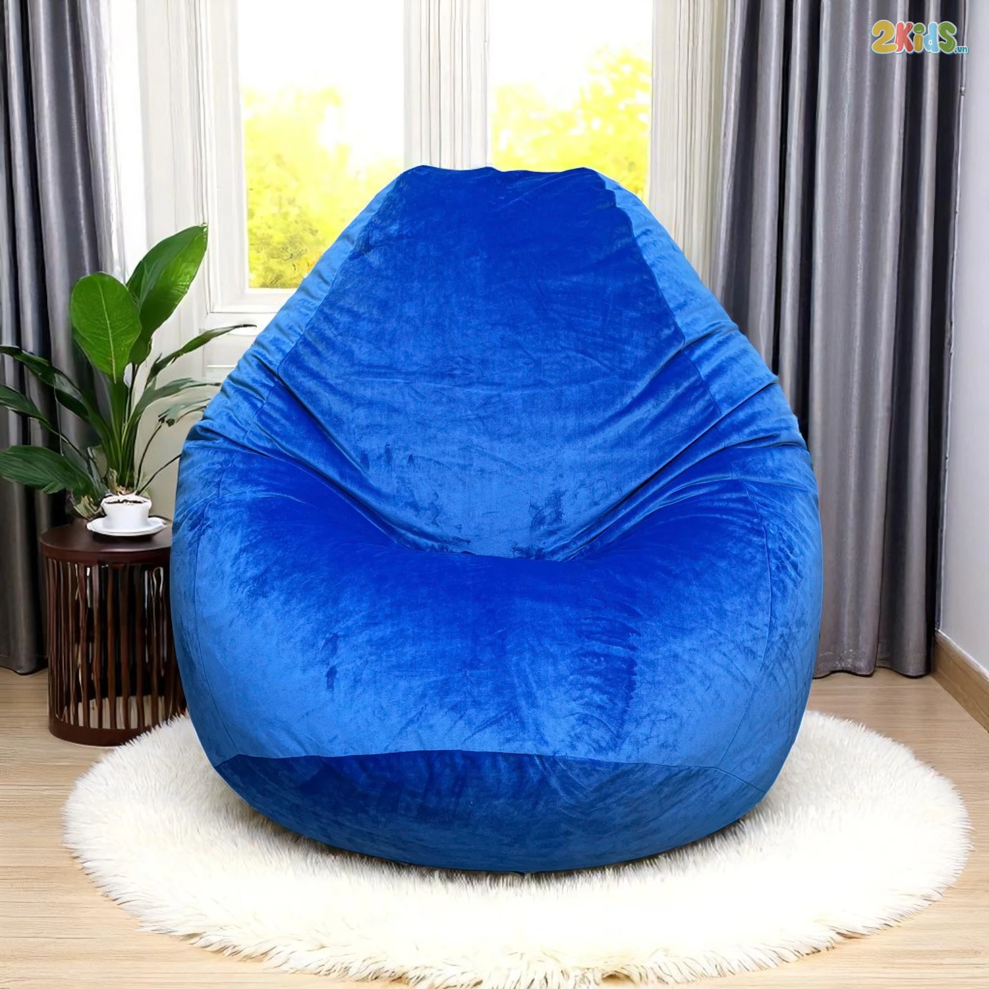 Ghế Lười Hạt Xốp Tựa Lưng Vải Nhung Màu Xanh