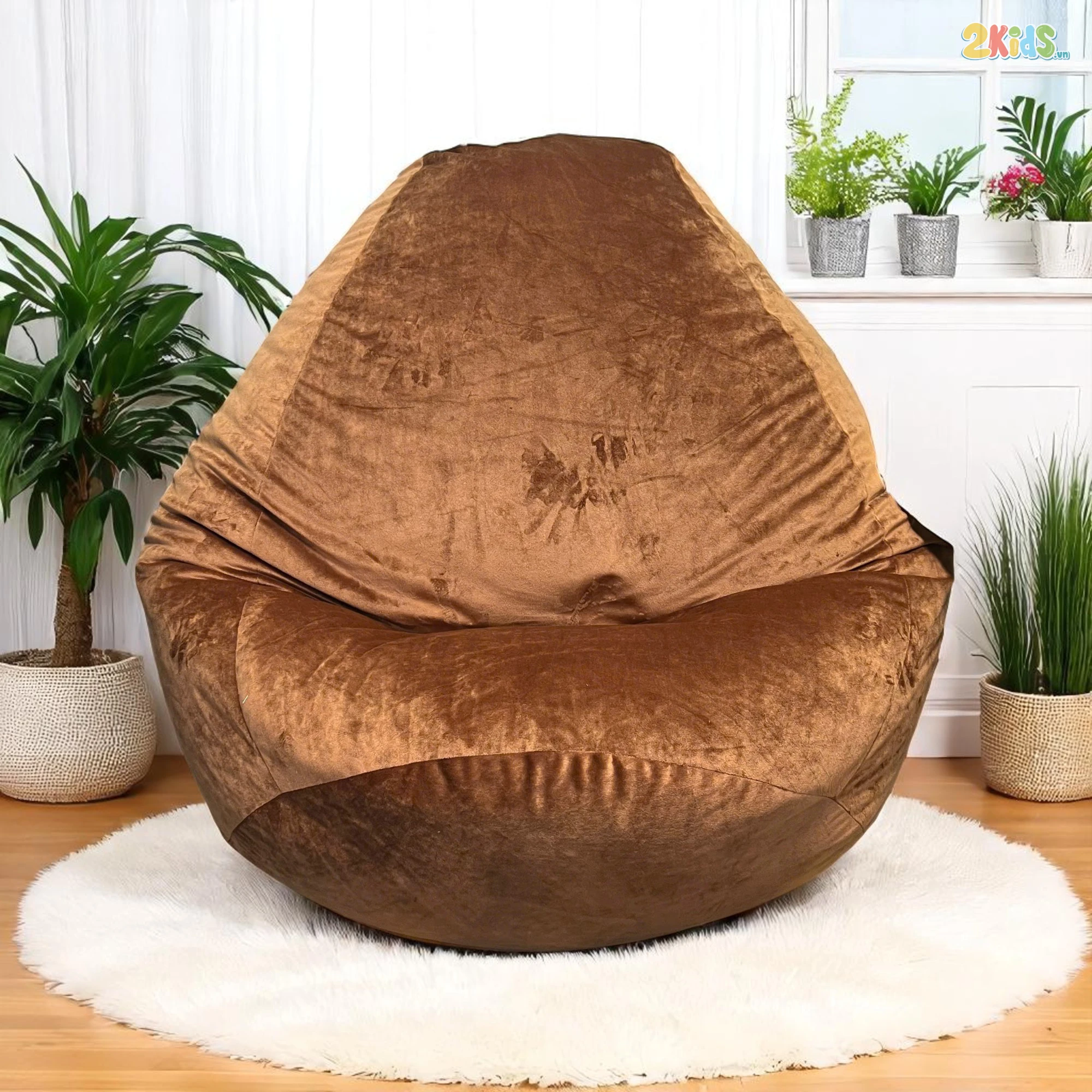 Ghế Lười Hạt Xốp Vải Nhung Màu Nâu Dáng Quả Lê