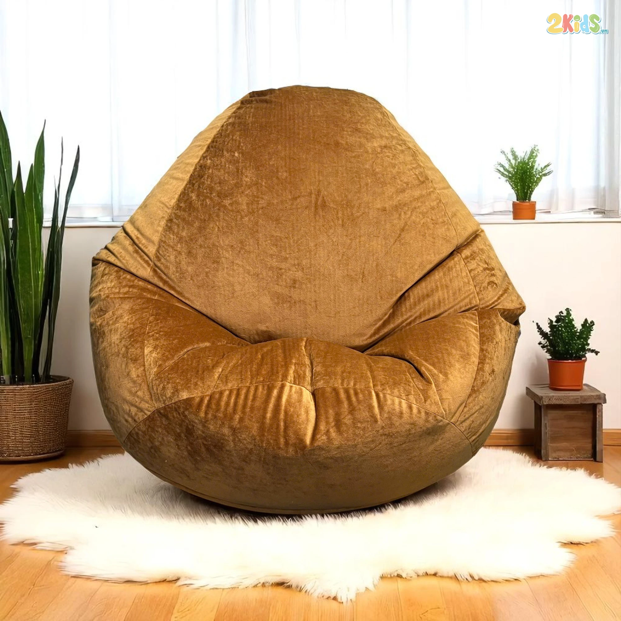 Ghế Lười Hạt Xốp Thư Giãn Vải Nhung Màu Nâu