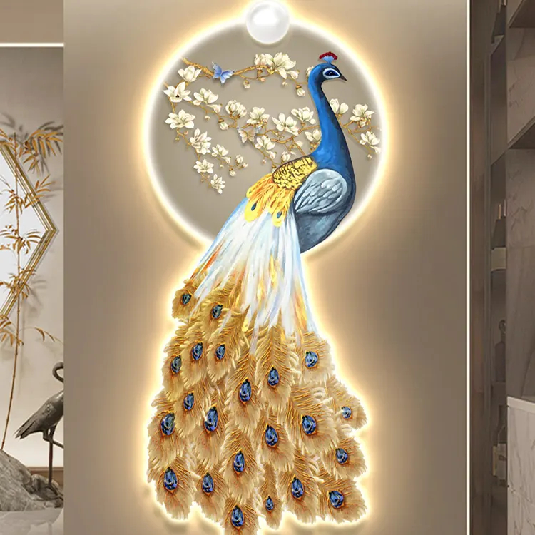 Tranh đèn led hoa và con công vàng nghệ thuật sang trọng
